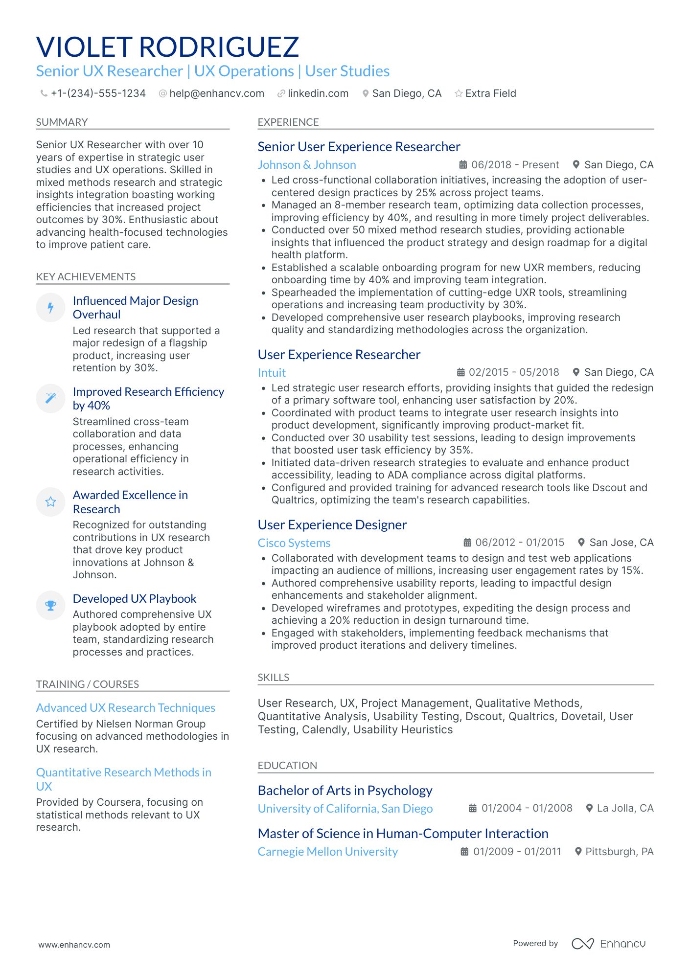 Senior User Experience Researcher Resume Example