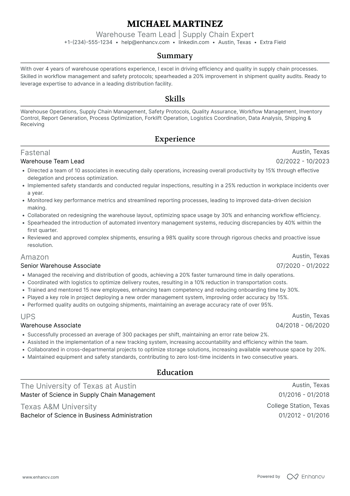 Senior Warehouse Associate Resume Example