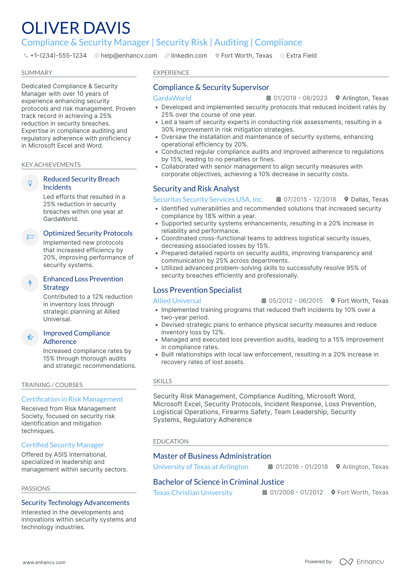 Security Compliance Manager Resume Example