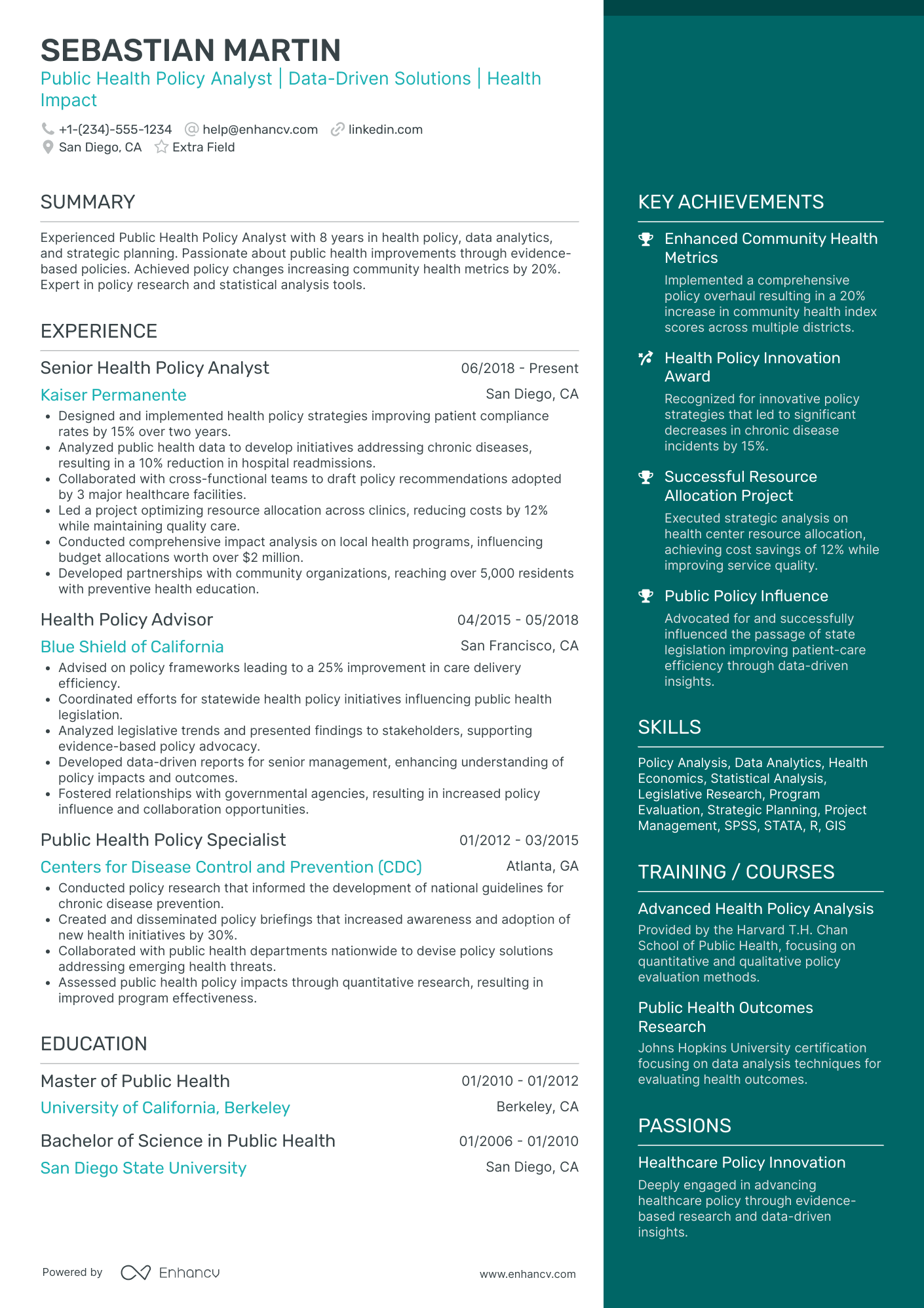 Public Health Policy Analyst Resume Example