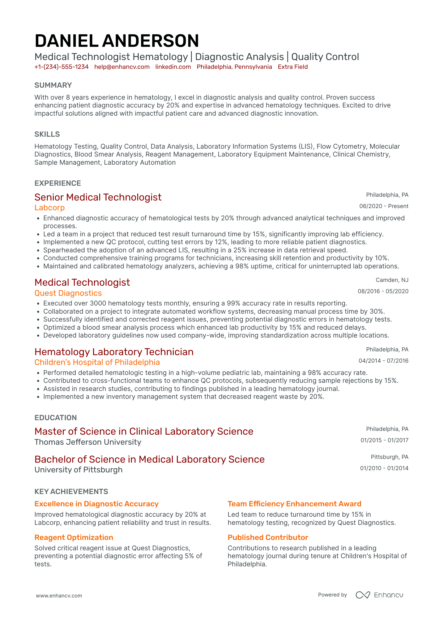 Medical Technologist Hematology Resume Example