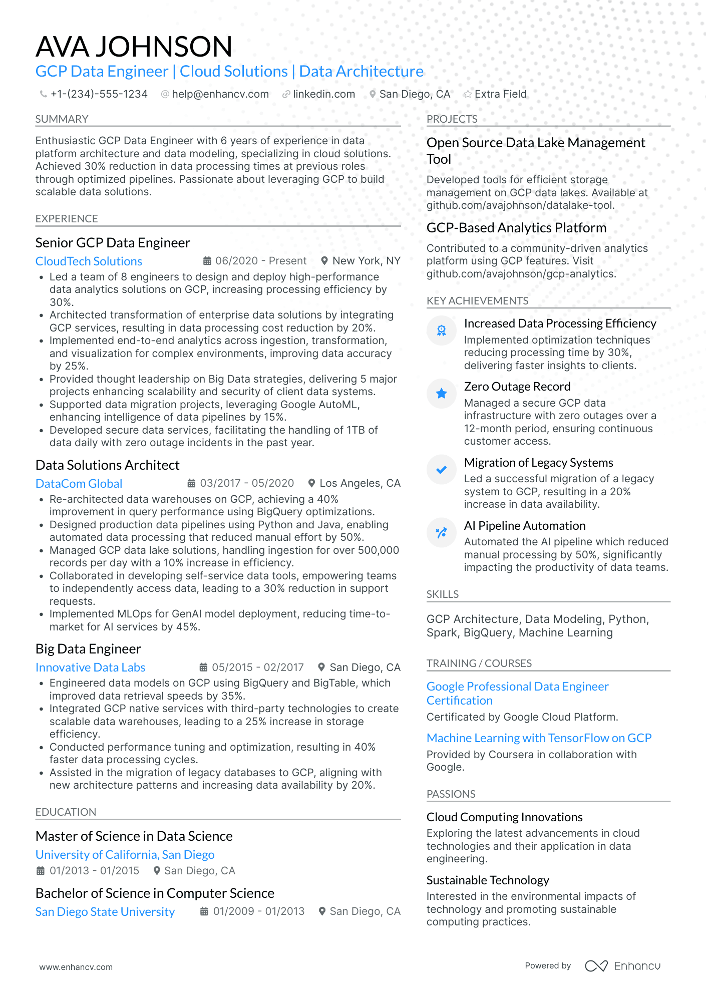 Google Cloud Certified Professional Data Engineer Resume Example