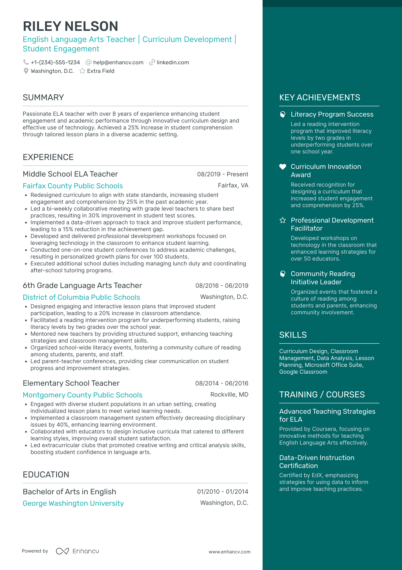 Mid Level English Teacher Resume Example