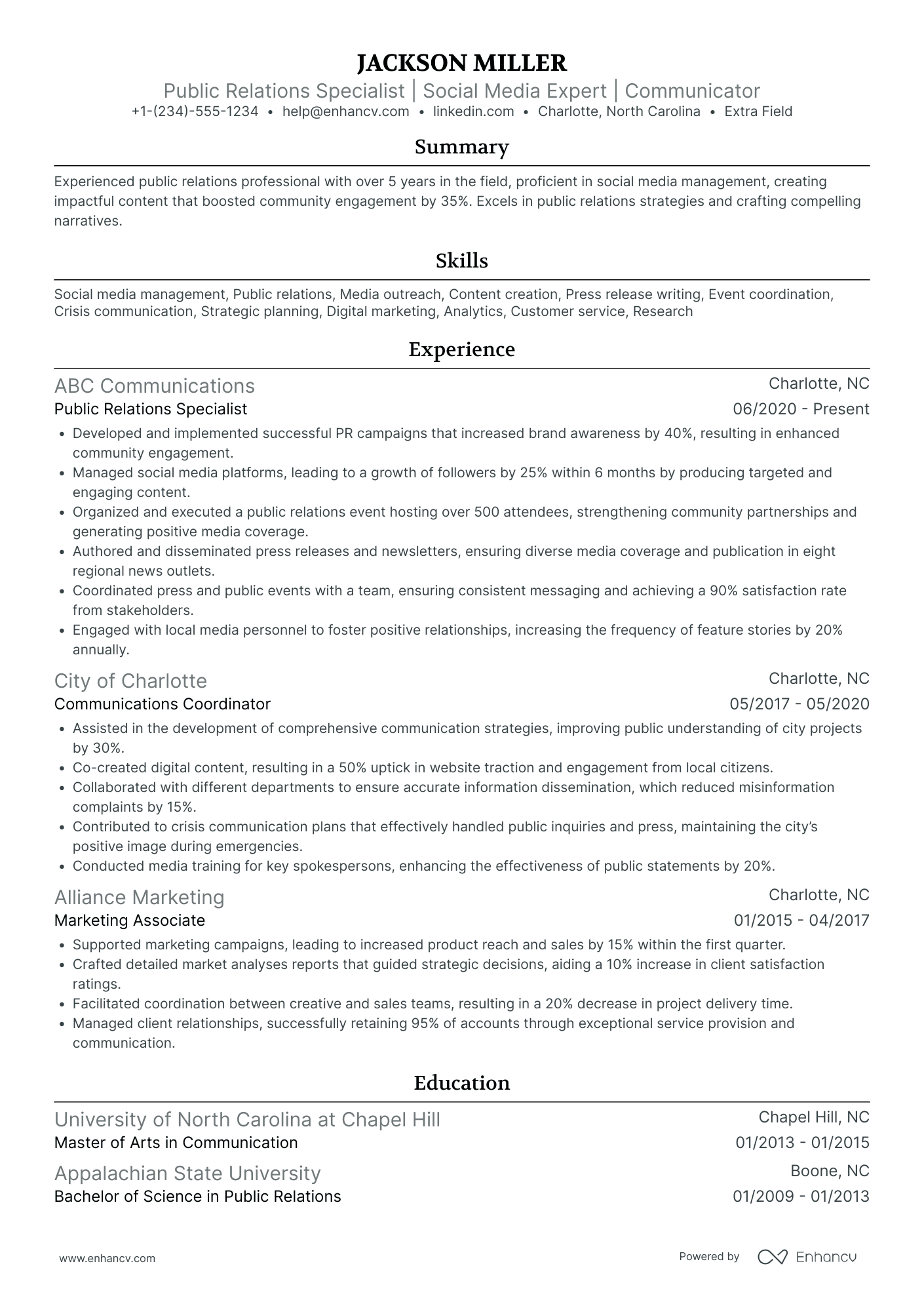 Experienced Public Relations Specialist Resume Example