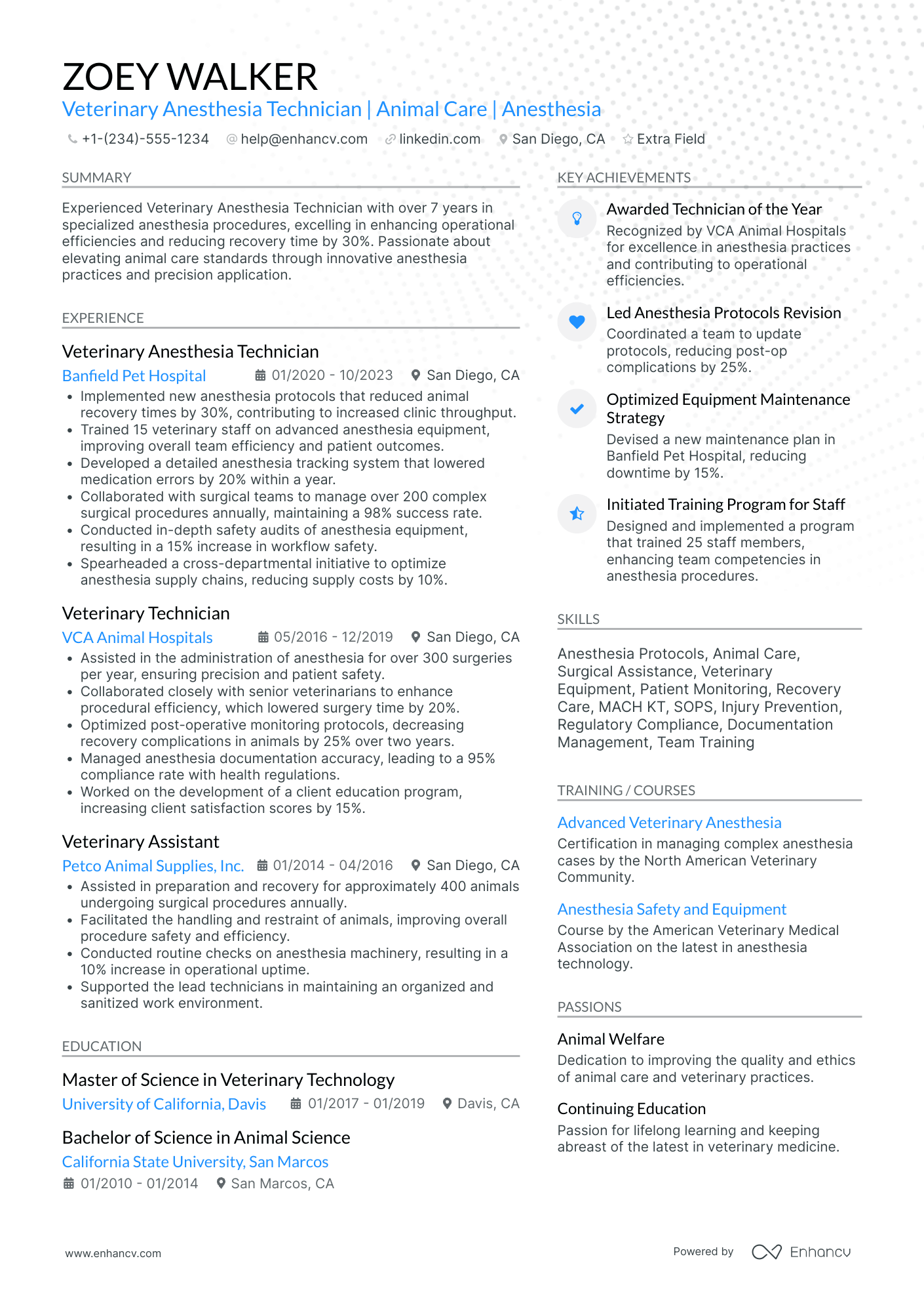 Veterinary Anesthesia Technician Resume Example