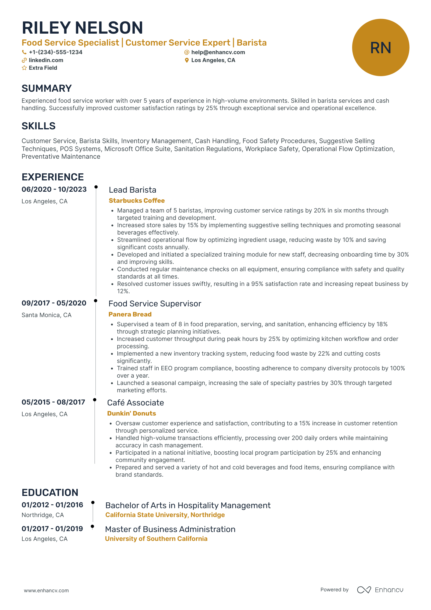 Barista and Food Service Worker Resume Example