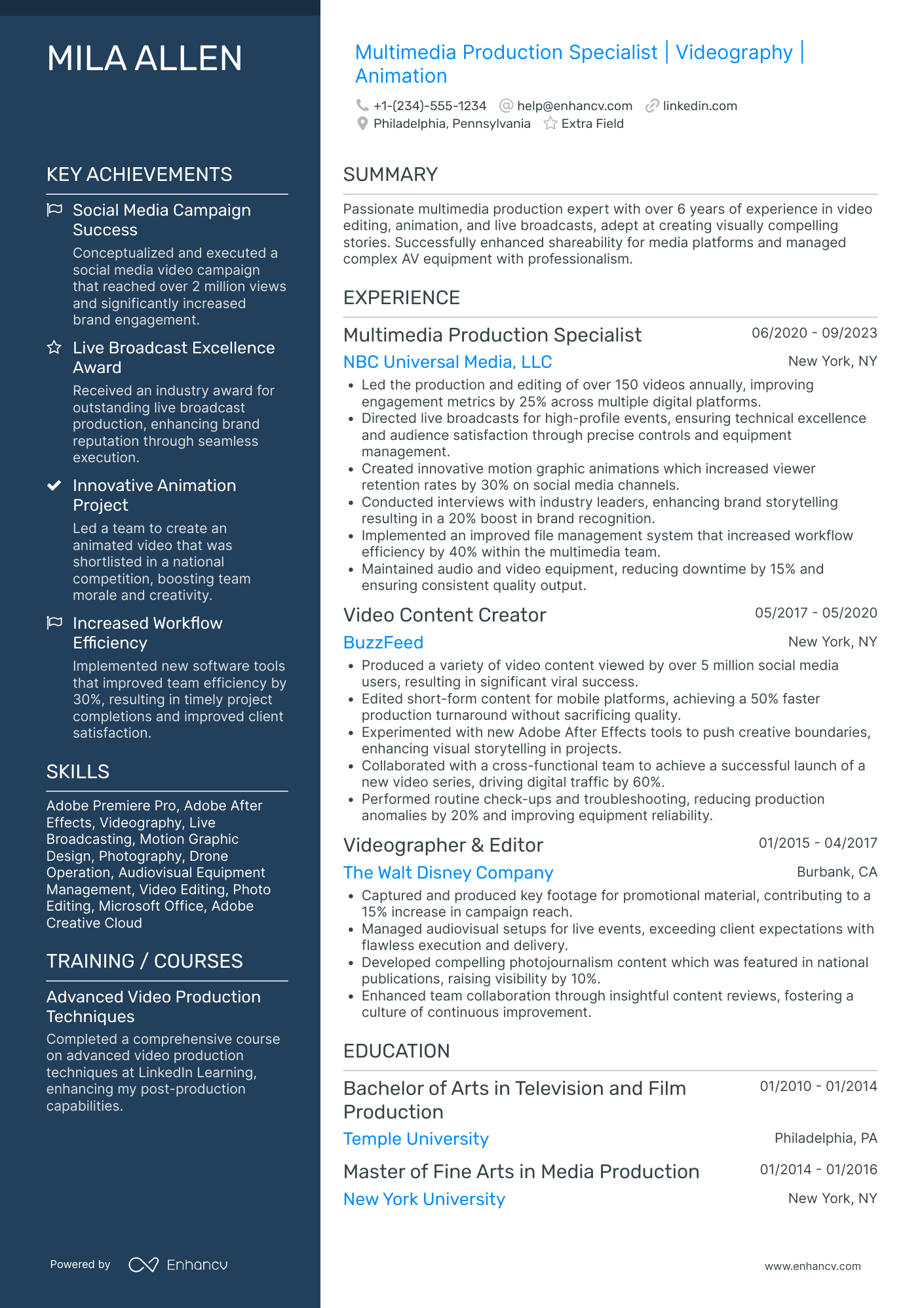 Motion Graphics Specialist Resume Example