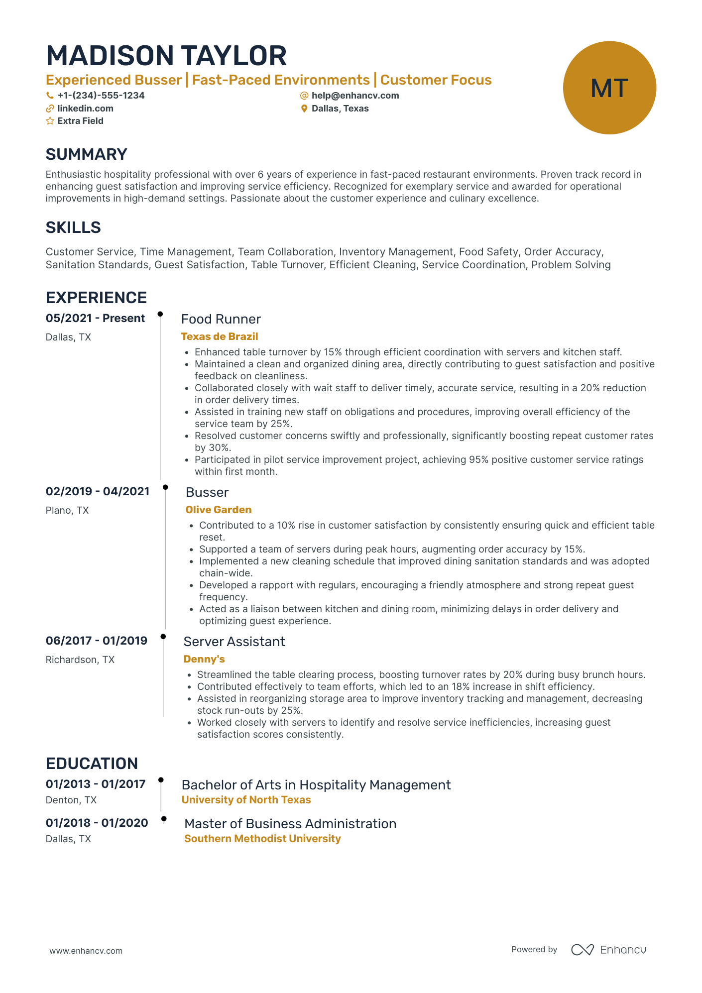 Head Busser Resume Example