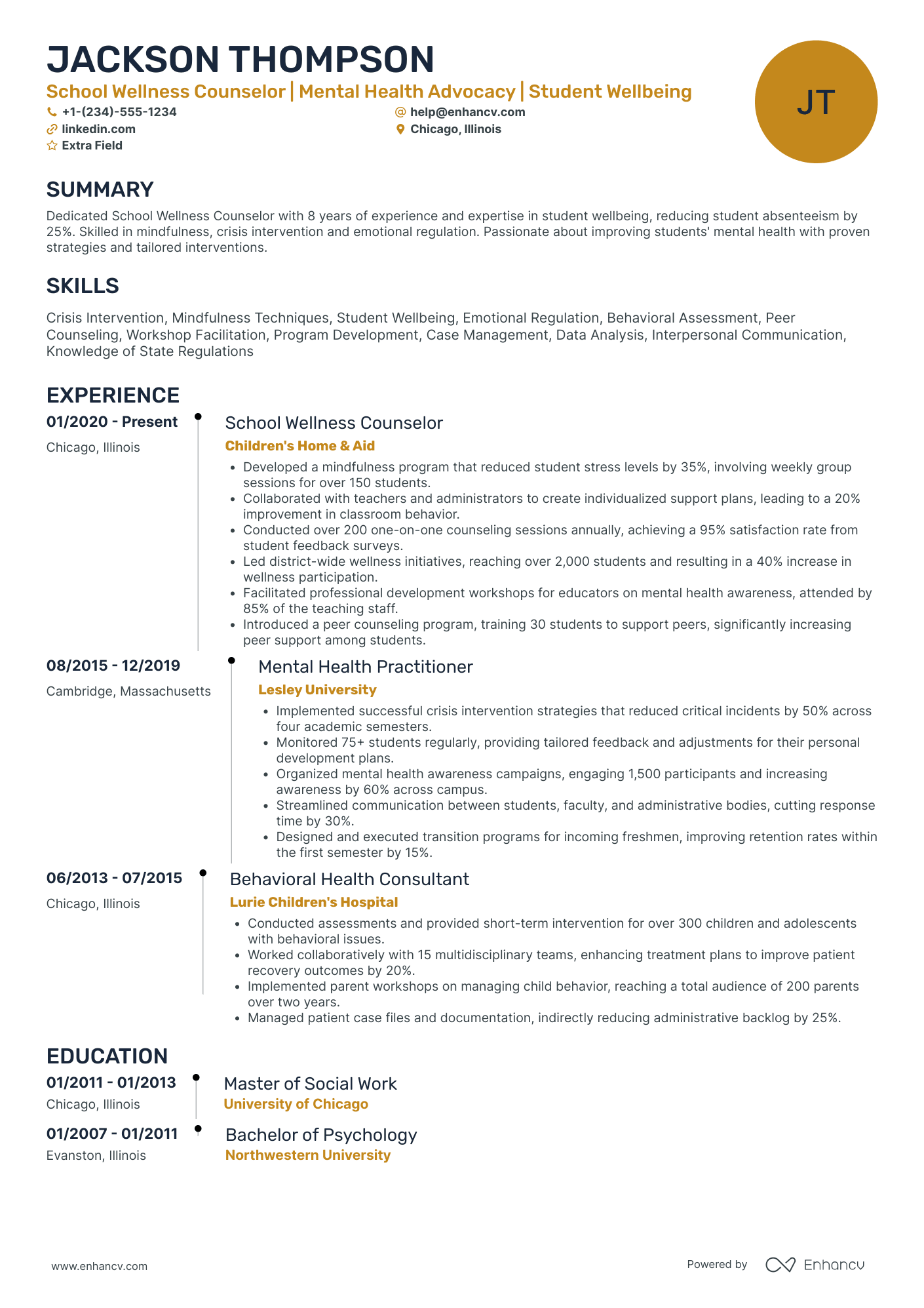 School Wellness Counselor Resume Example