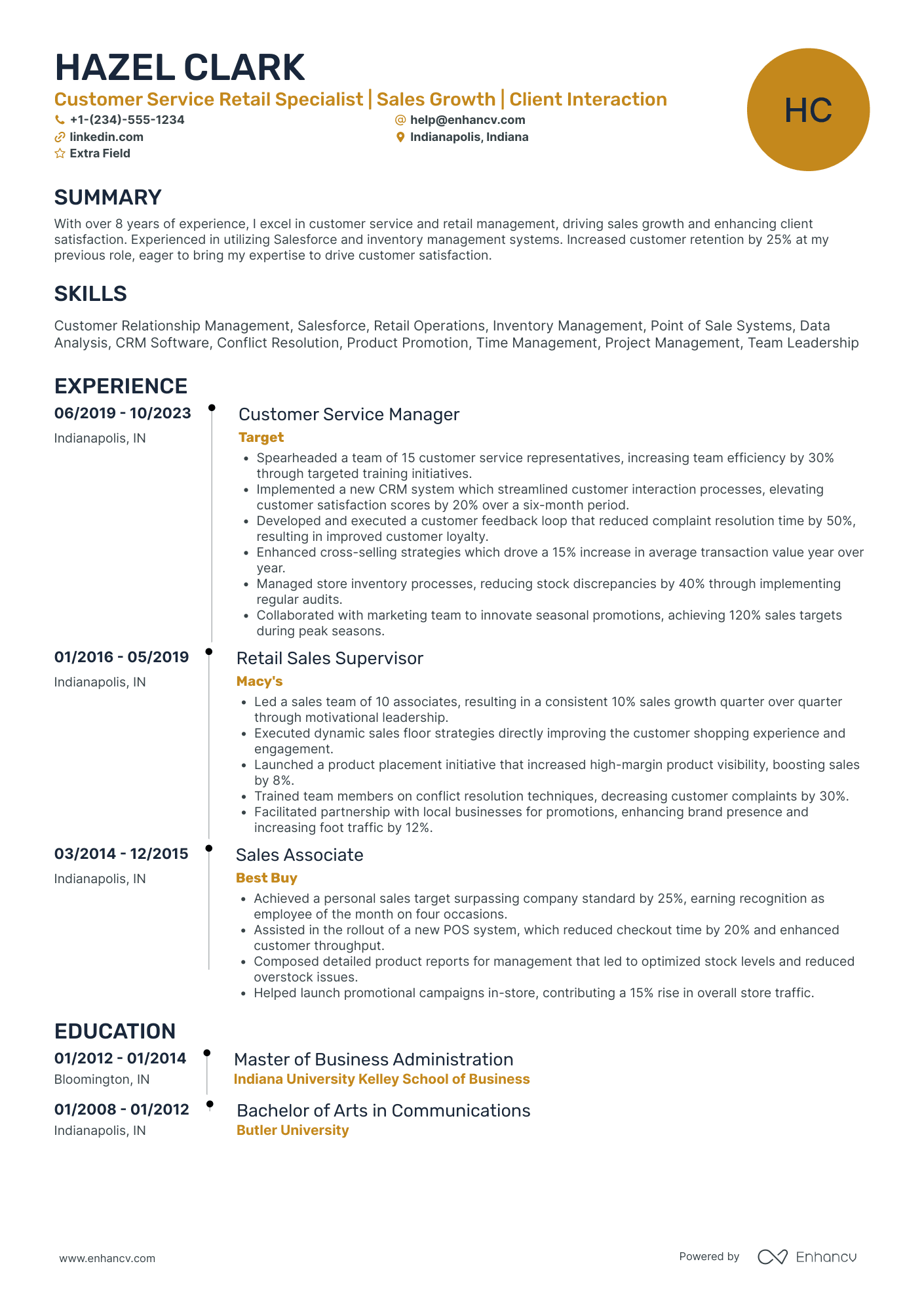 Customer Service Retail Specialist Resume Example