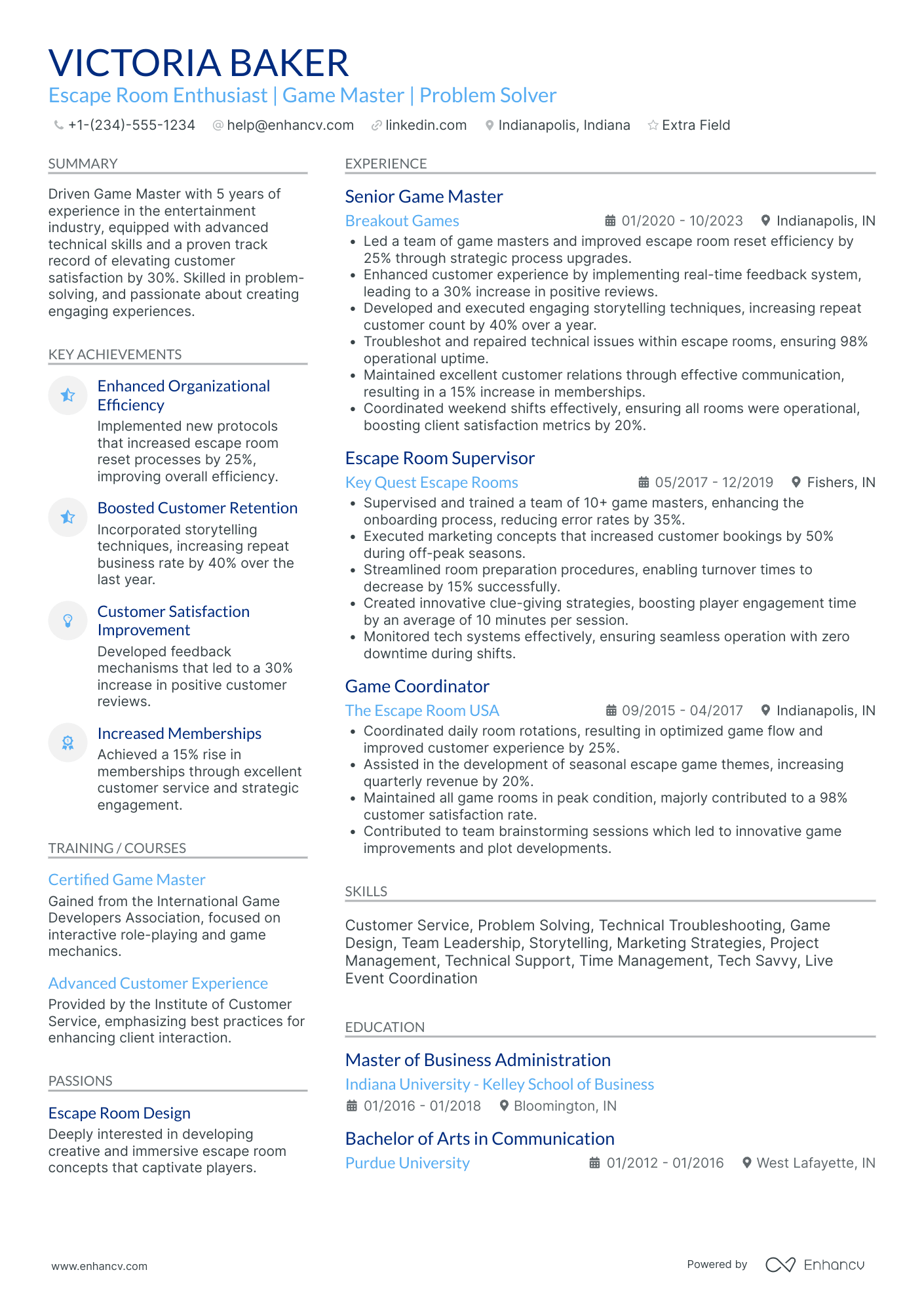 Escape Room Designer Resume Example