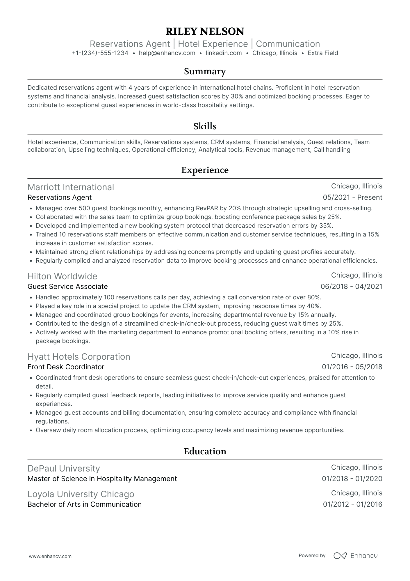 Senior Reservation Sales Agent Resume Example