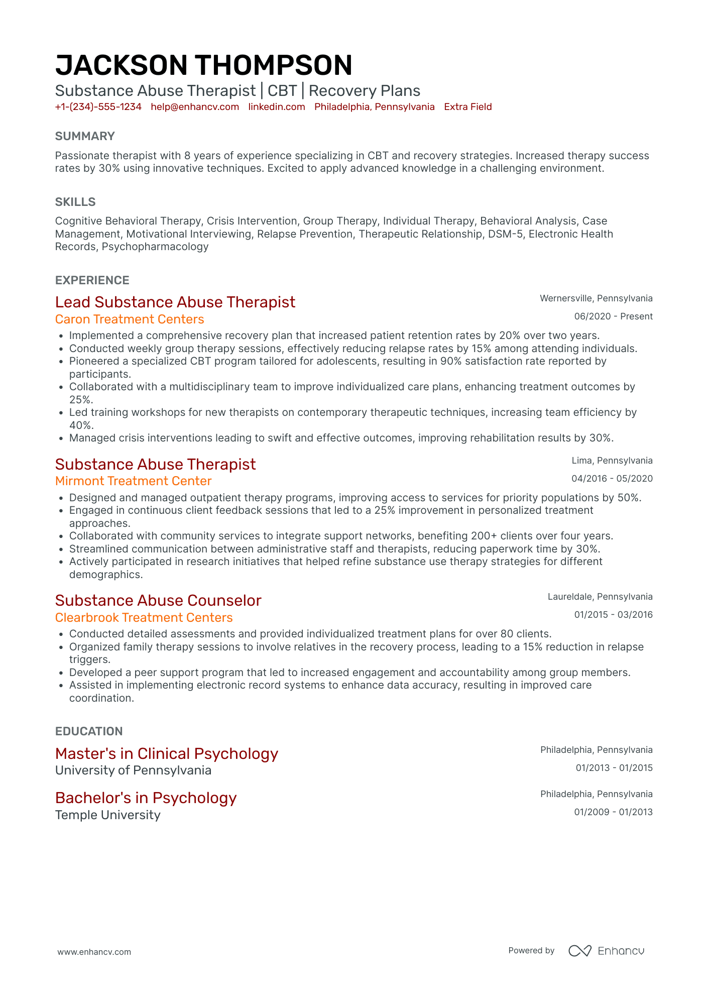 Substance Abuse Therapist Resume Example