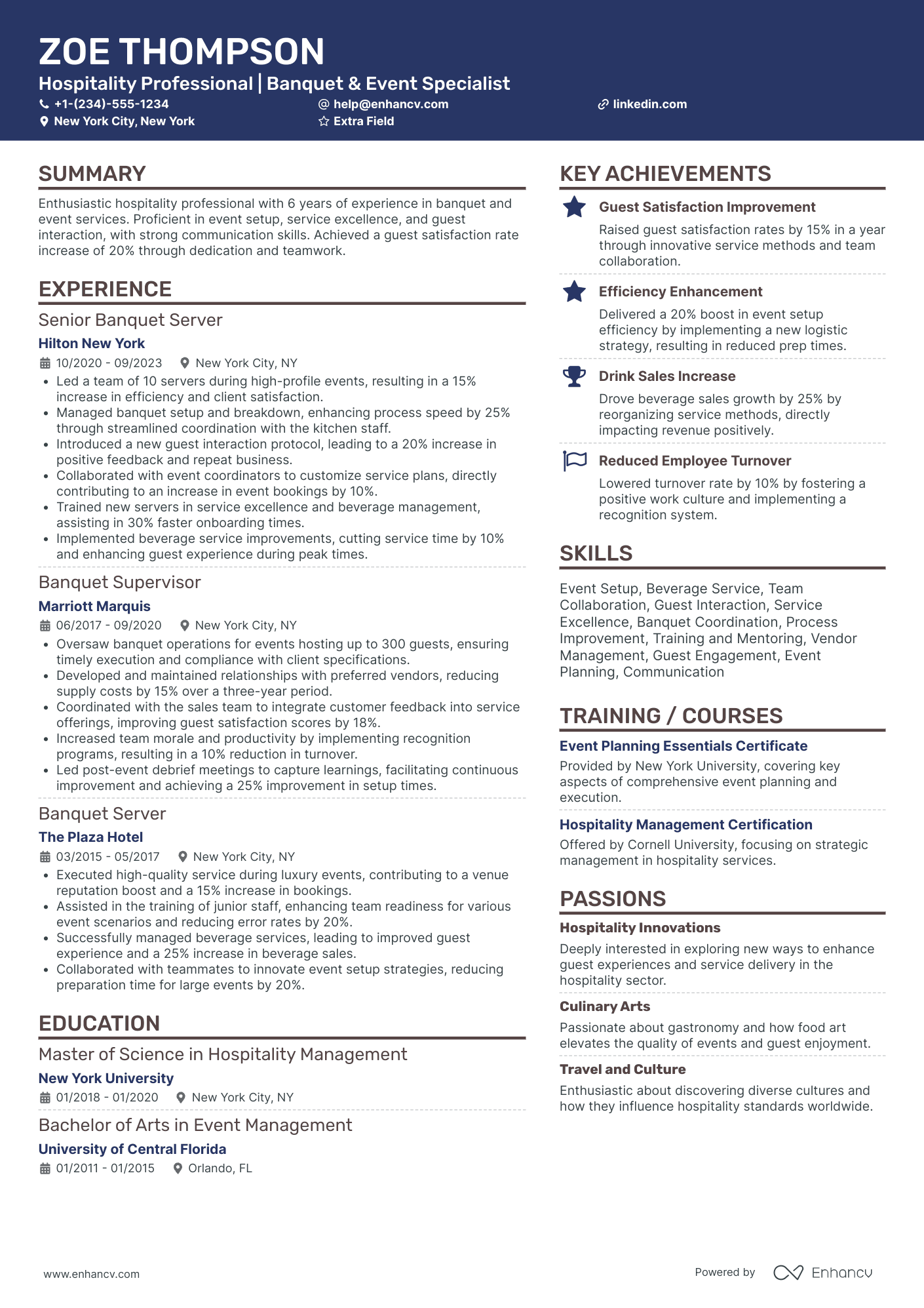 Banquet Server Coordinator Resume Example