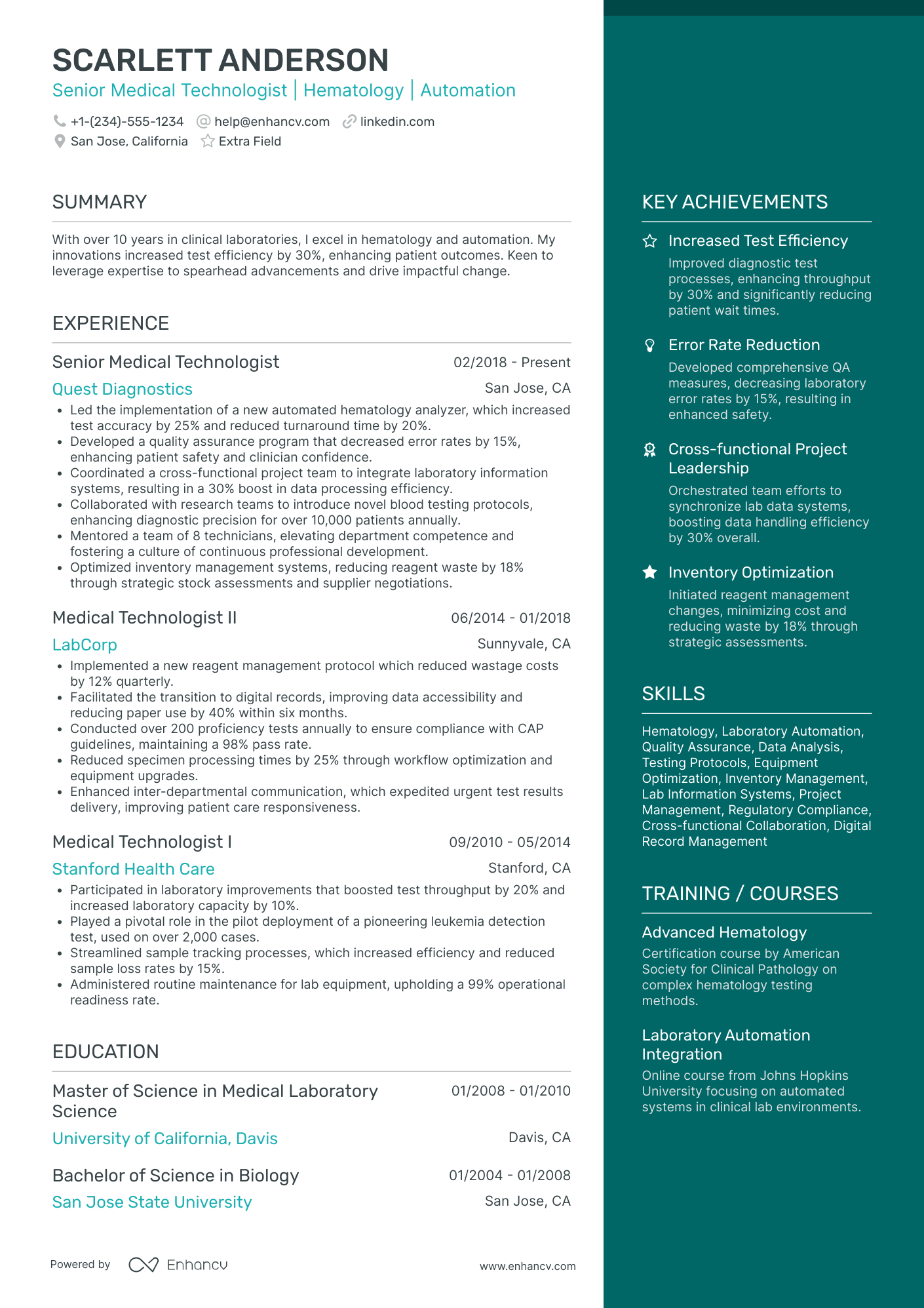 Senior Medical Technologist Resume Example