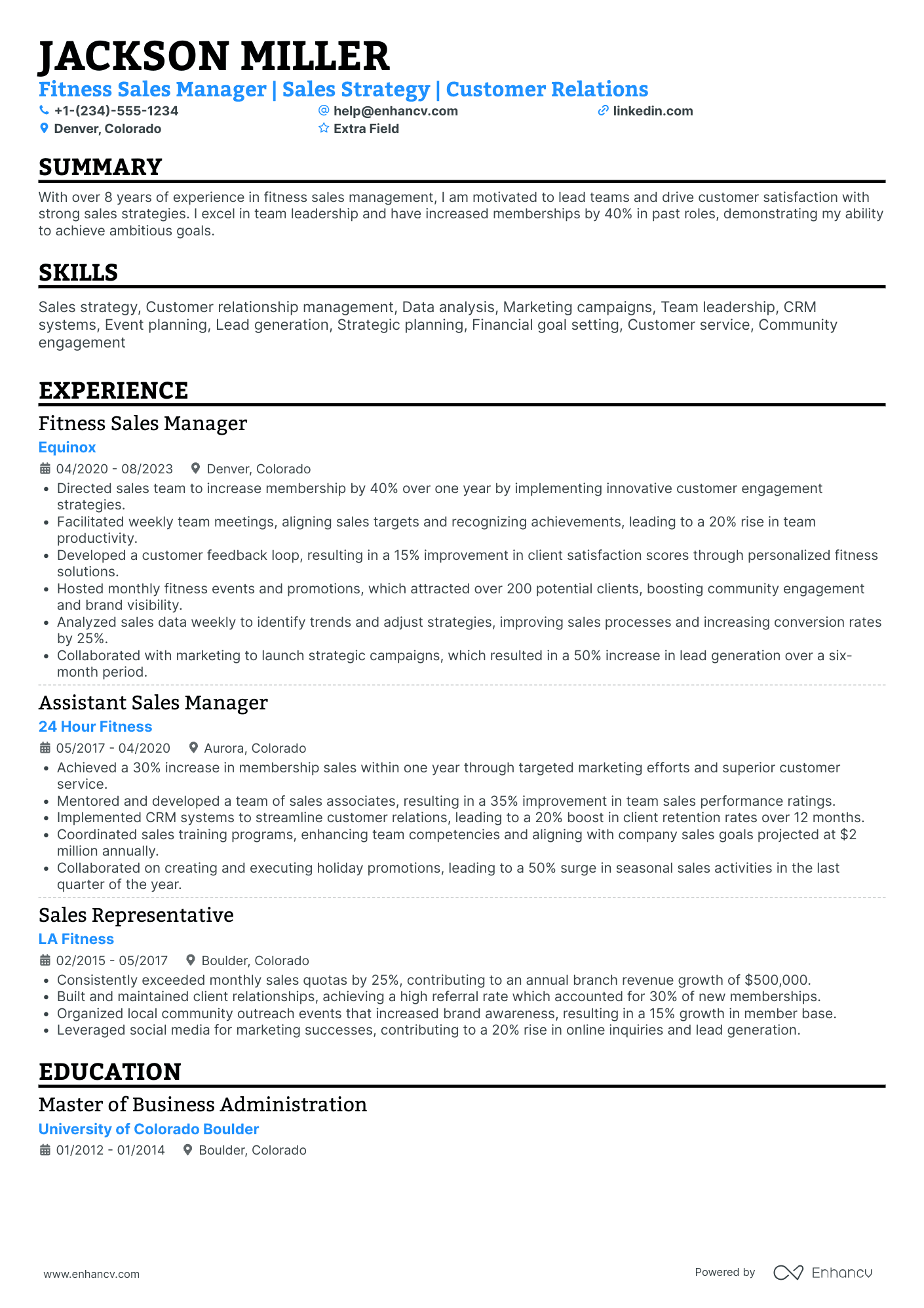 Fitness Sales Manager Resume Example