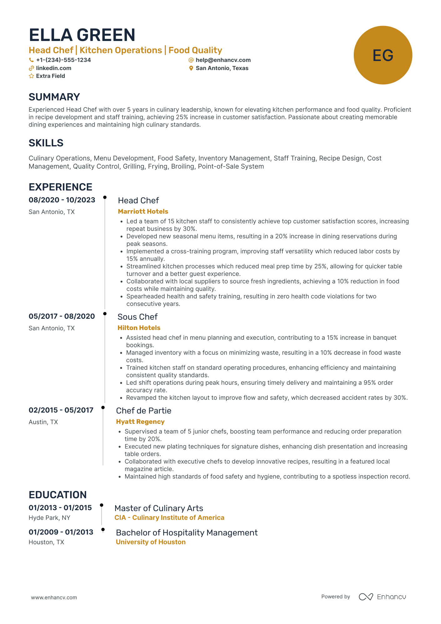 Head Chef Resume Example