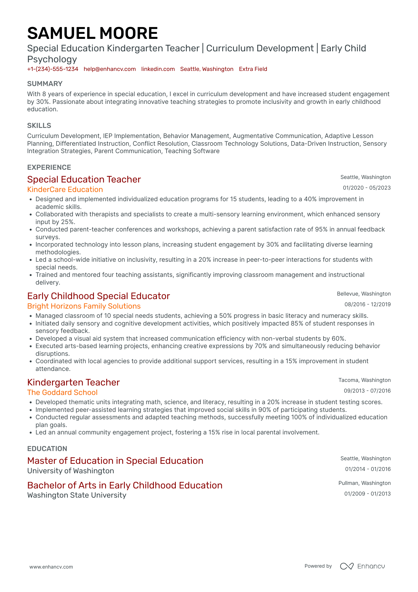 Special Education Kindergarten Teacher Resume Example