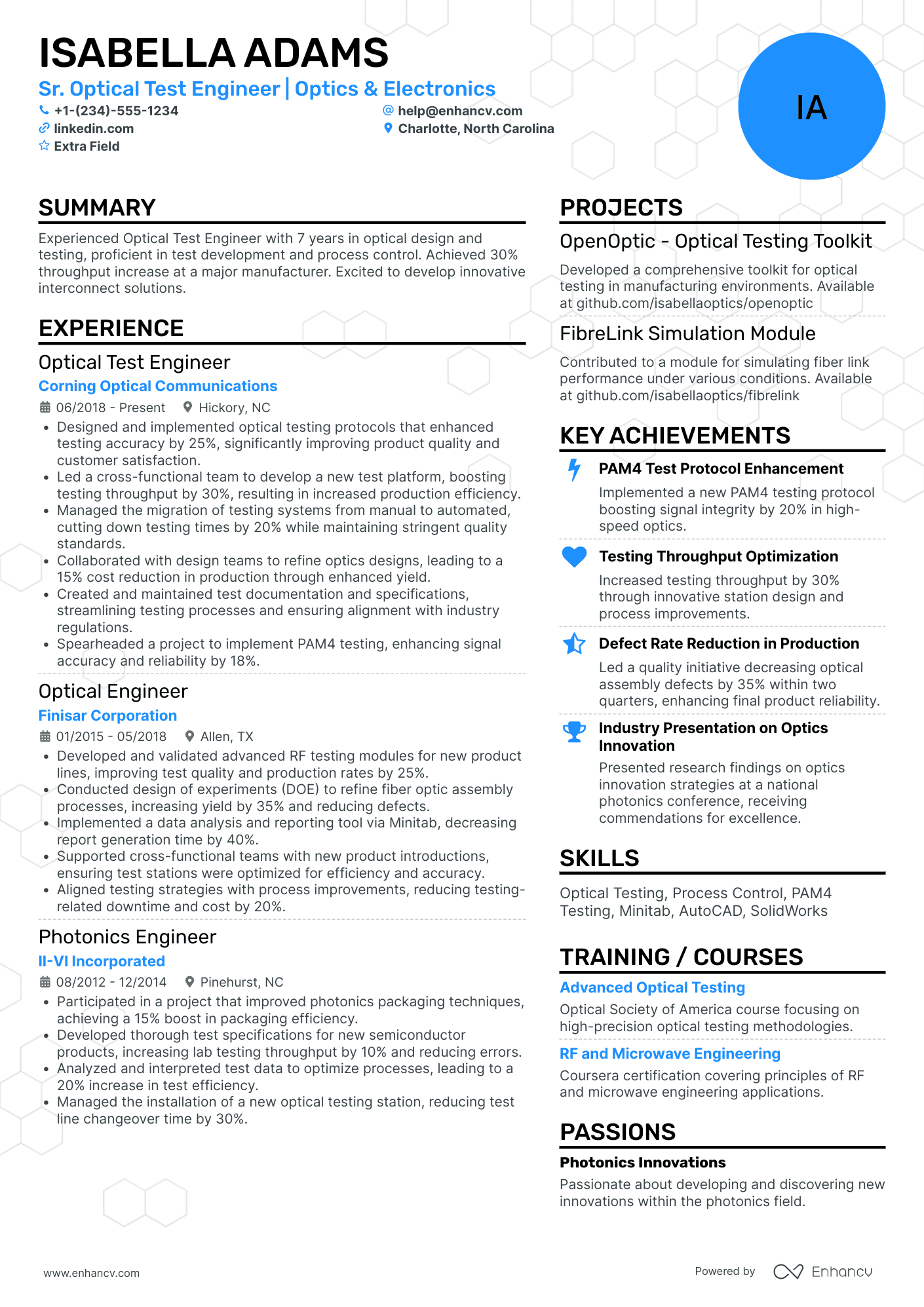 Optical Test Engineer Resume Example