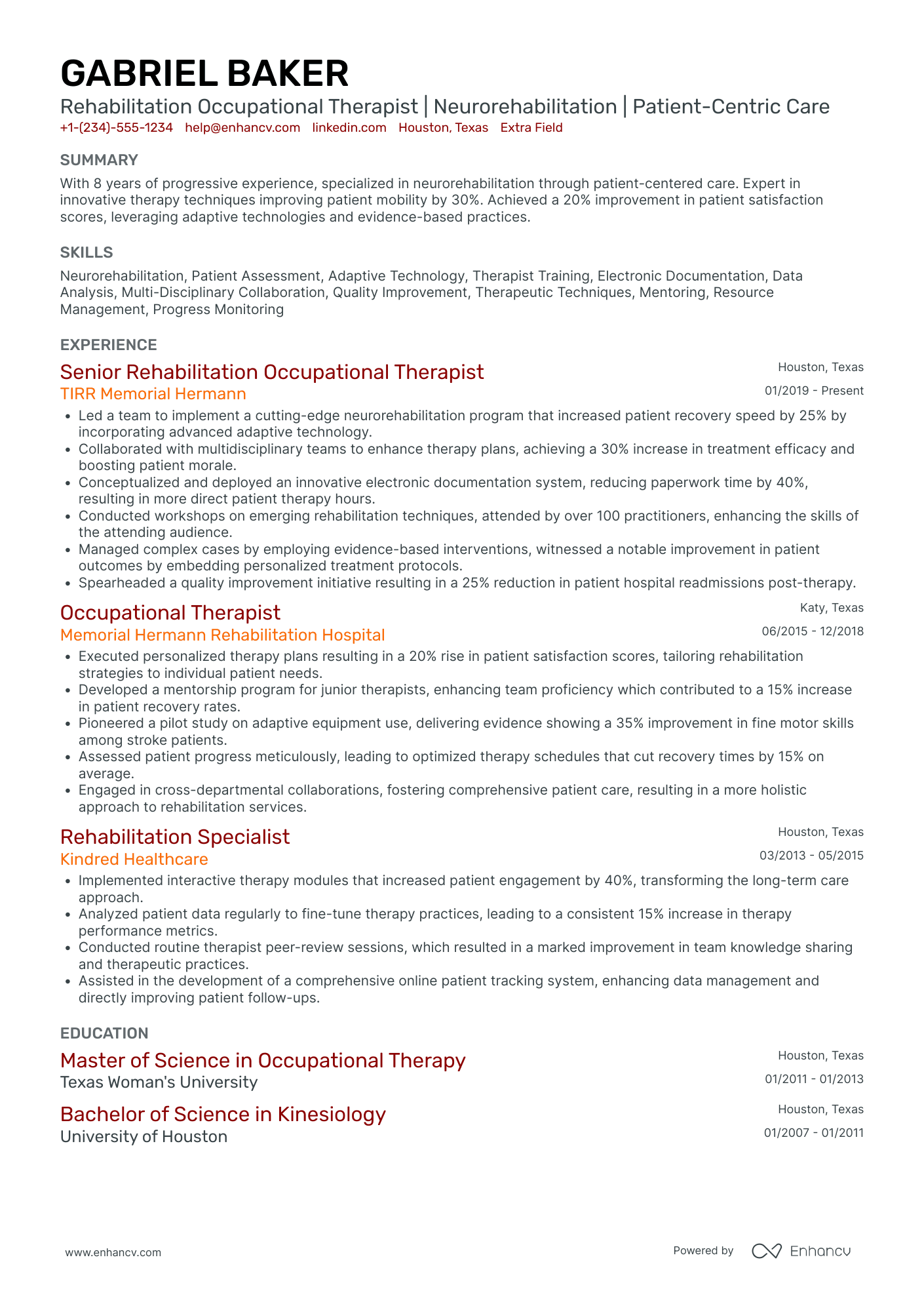 Rehabilitation Occupational Therapist Resume Example