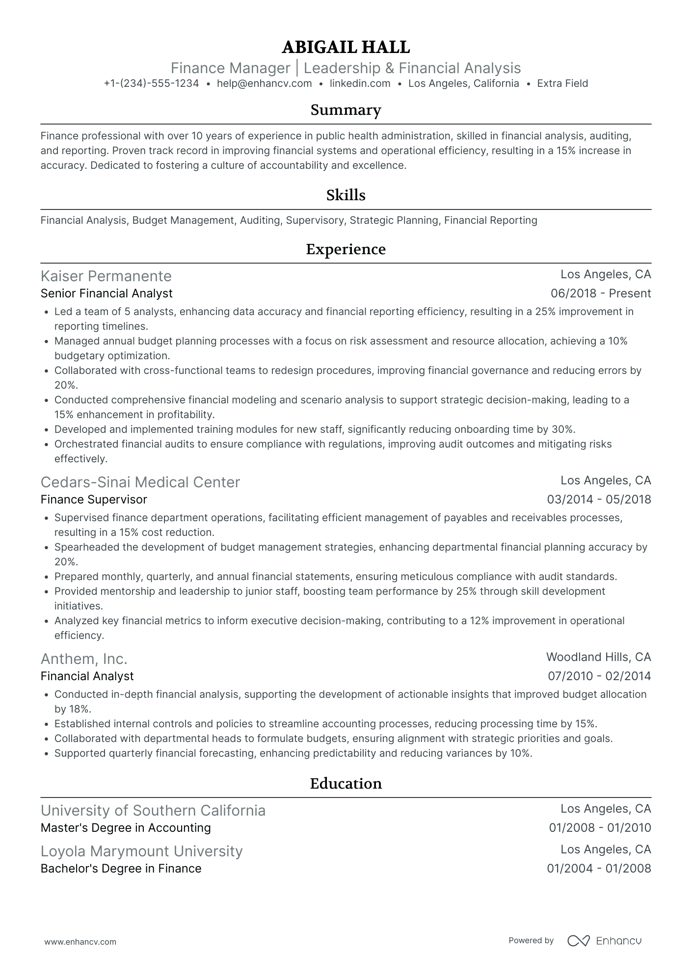 Mid Level Finance Manager Resume Example