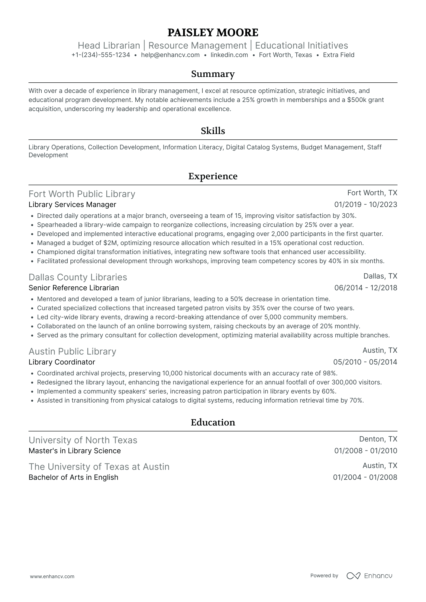 Head Librarian Resume Example