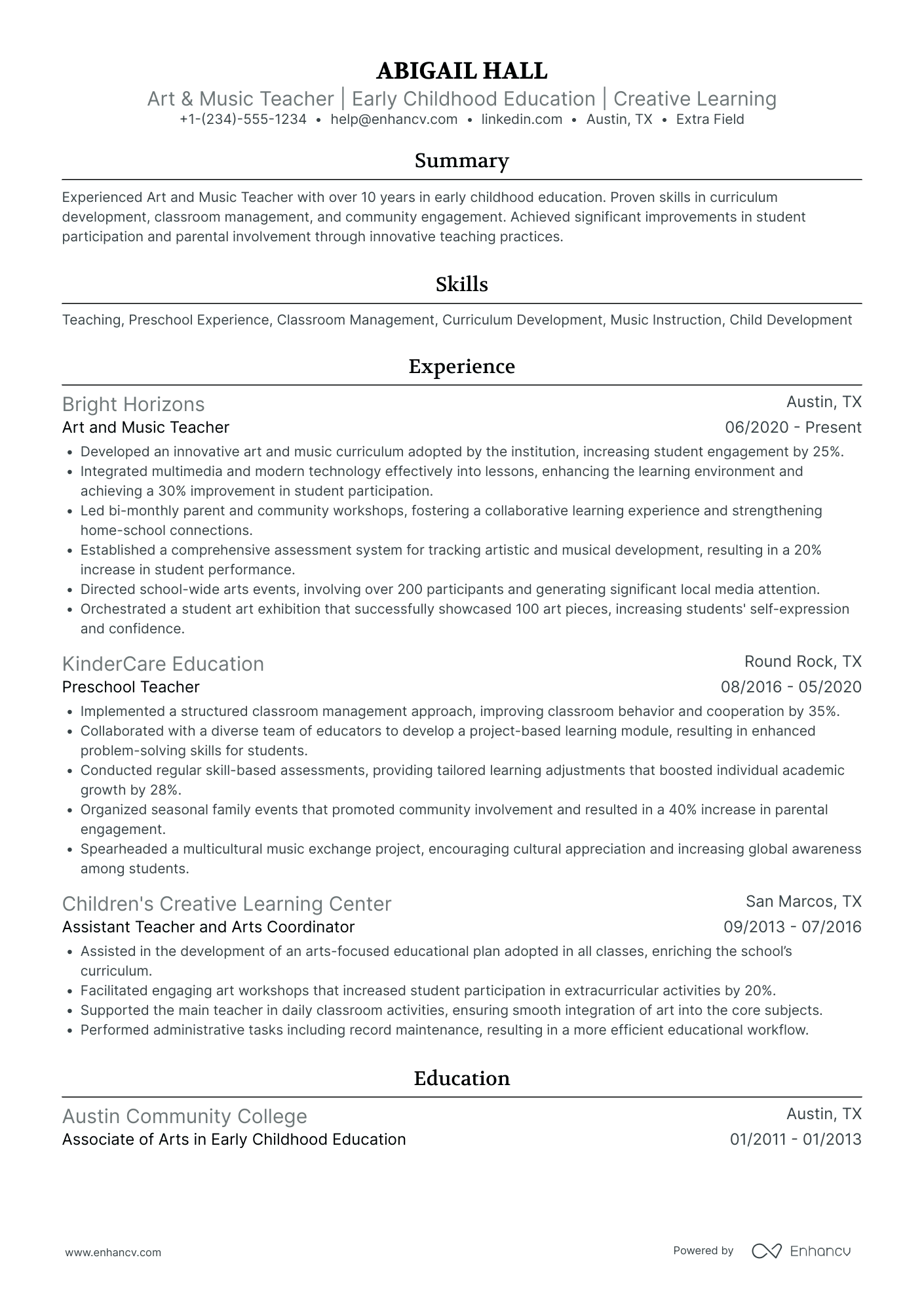 Early Childhood Music Teacher Resume Example