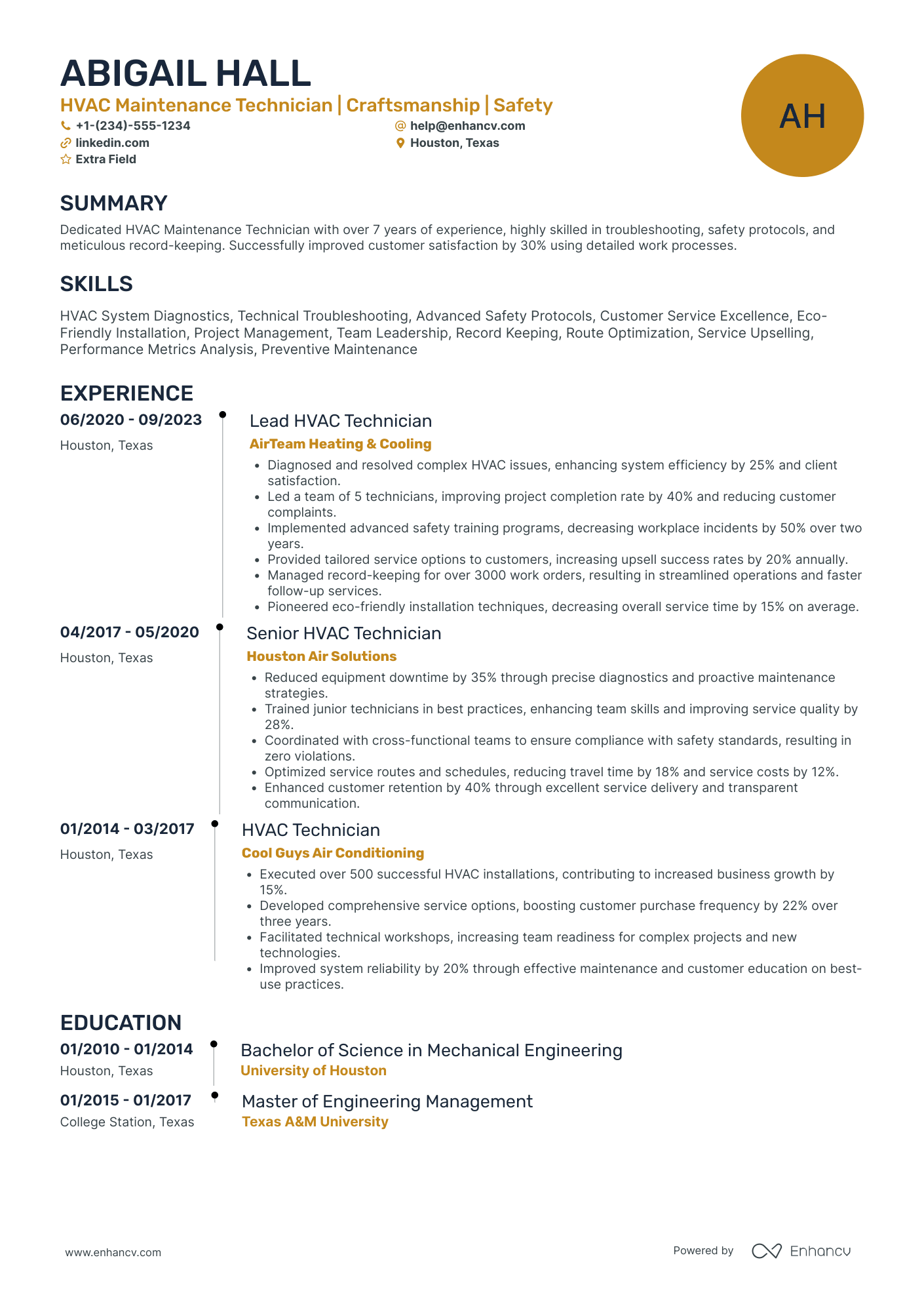 HVAC Maintenance Technician Resume Example