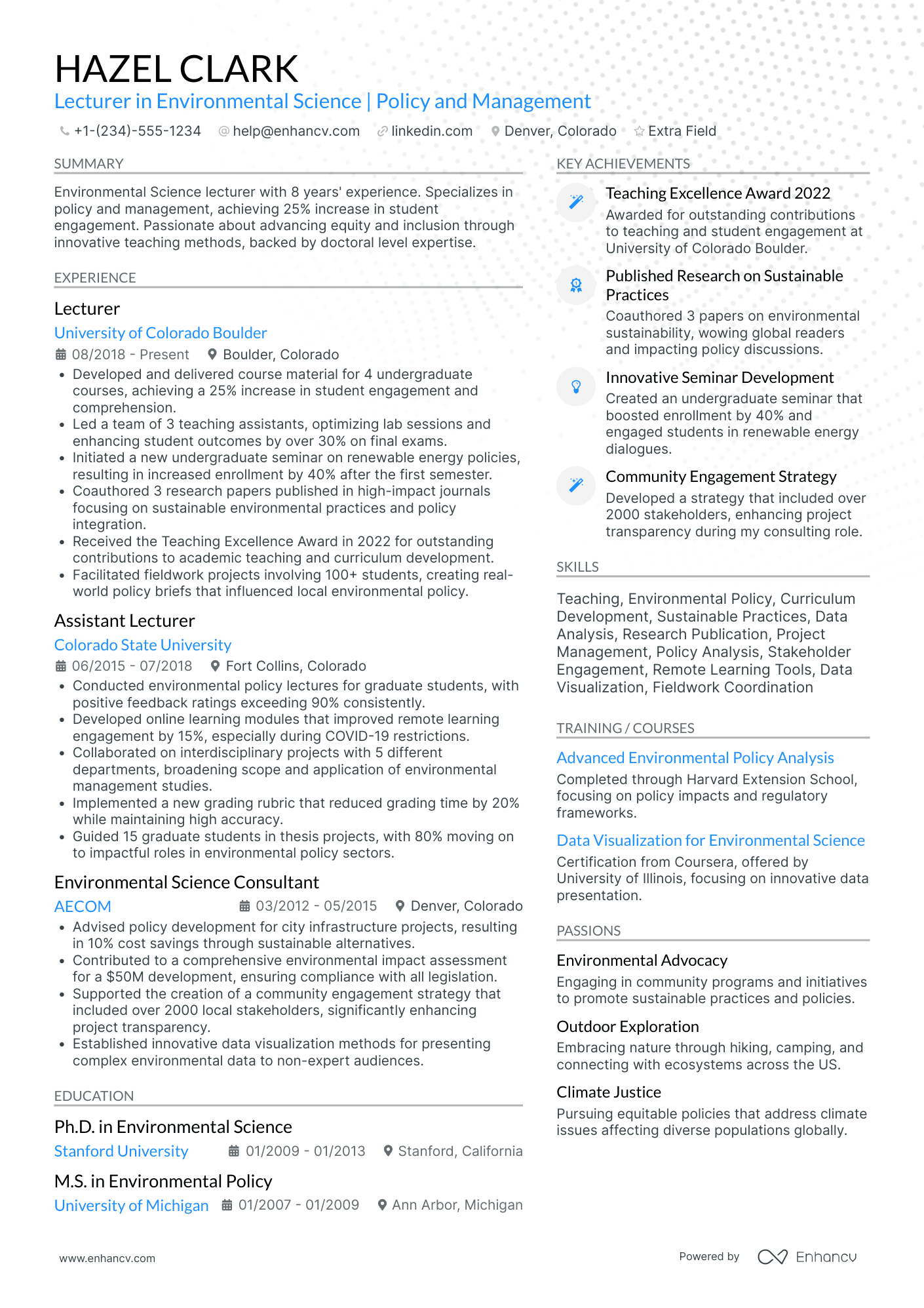 Professor of Environmental Science Resume Example