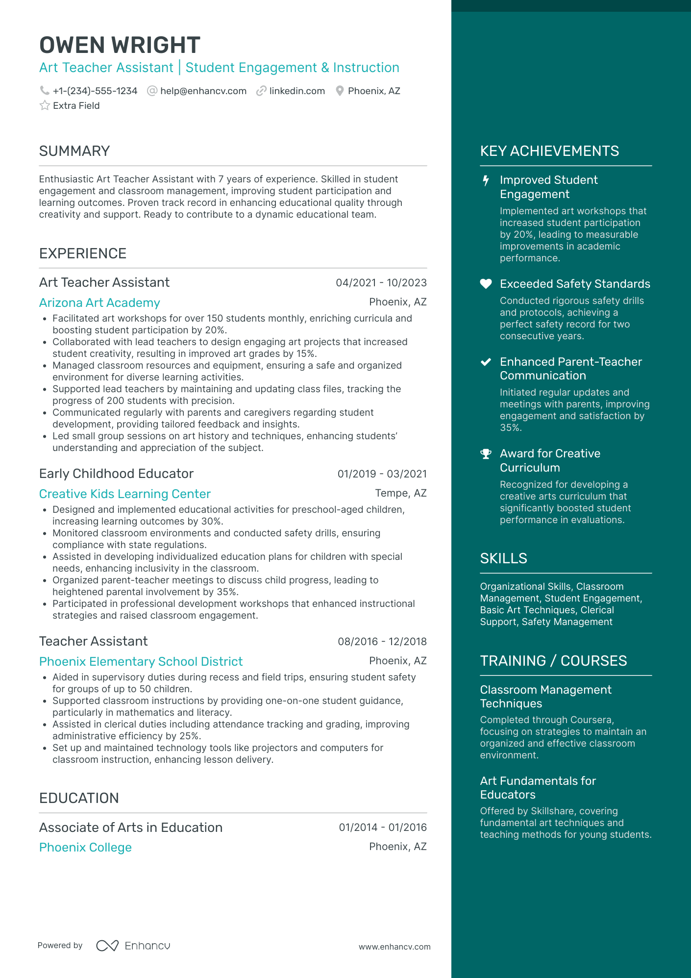 Art Teacher Assistant Resume Example