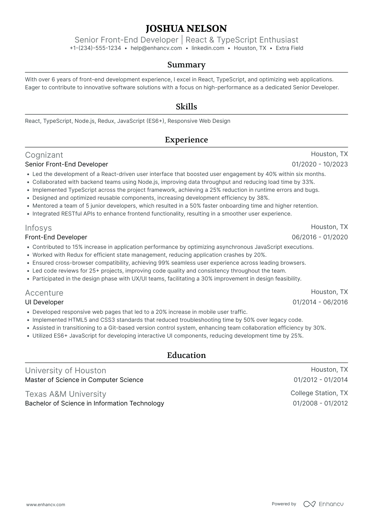 Senior Front End Developer Resume Example