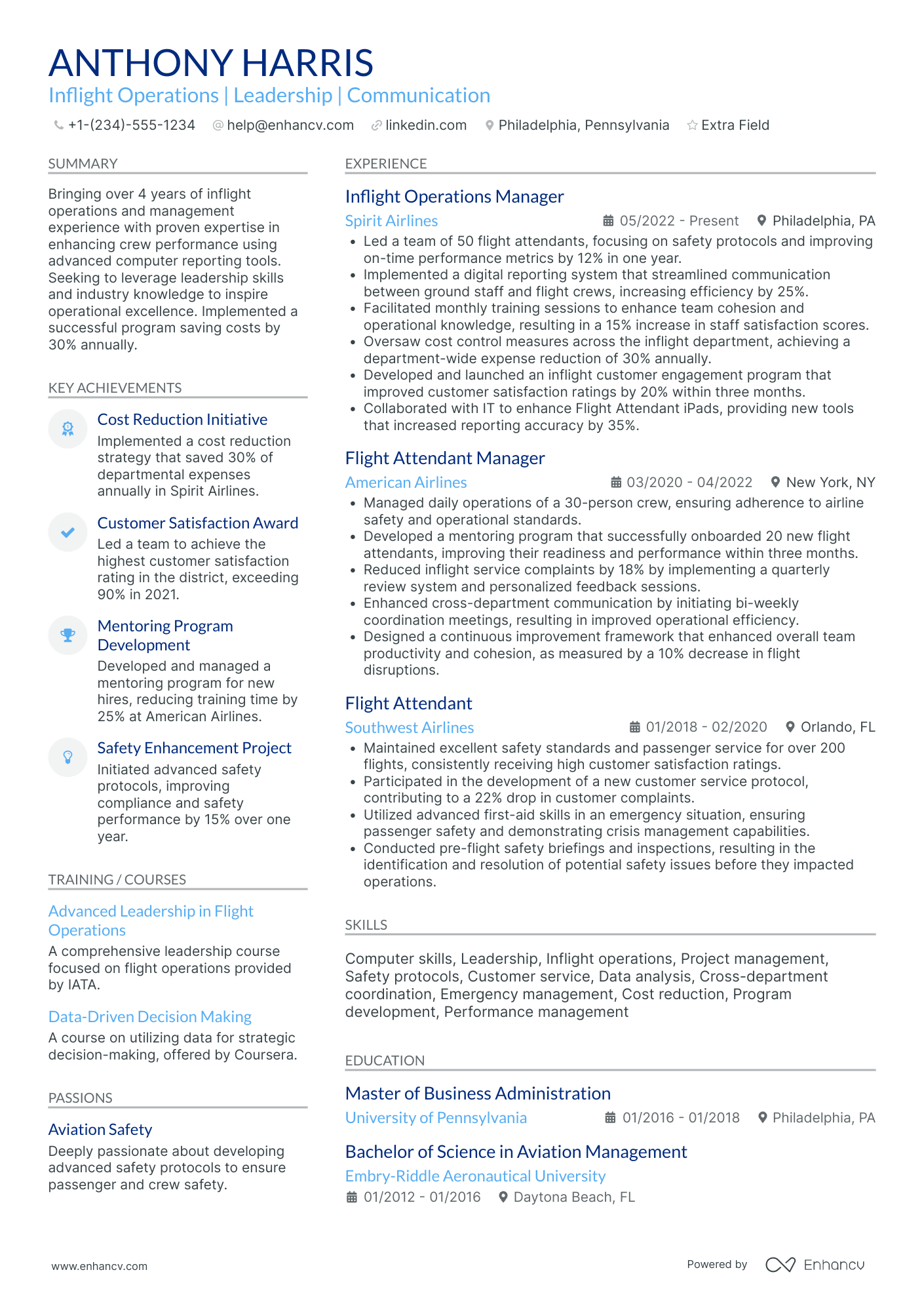 Commercial Airline Flight Attendant Resume Example