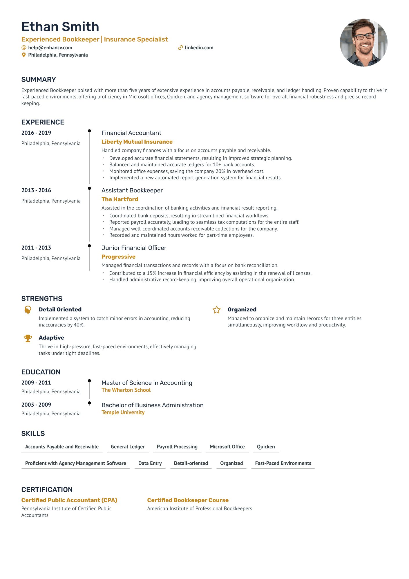 Insurance Agency Bookkeeper Resume Example