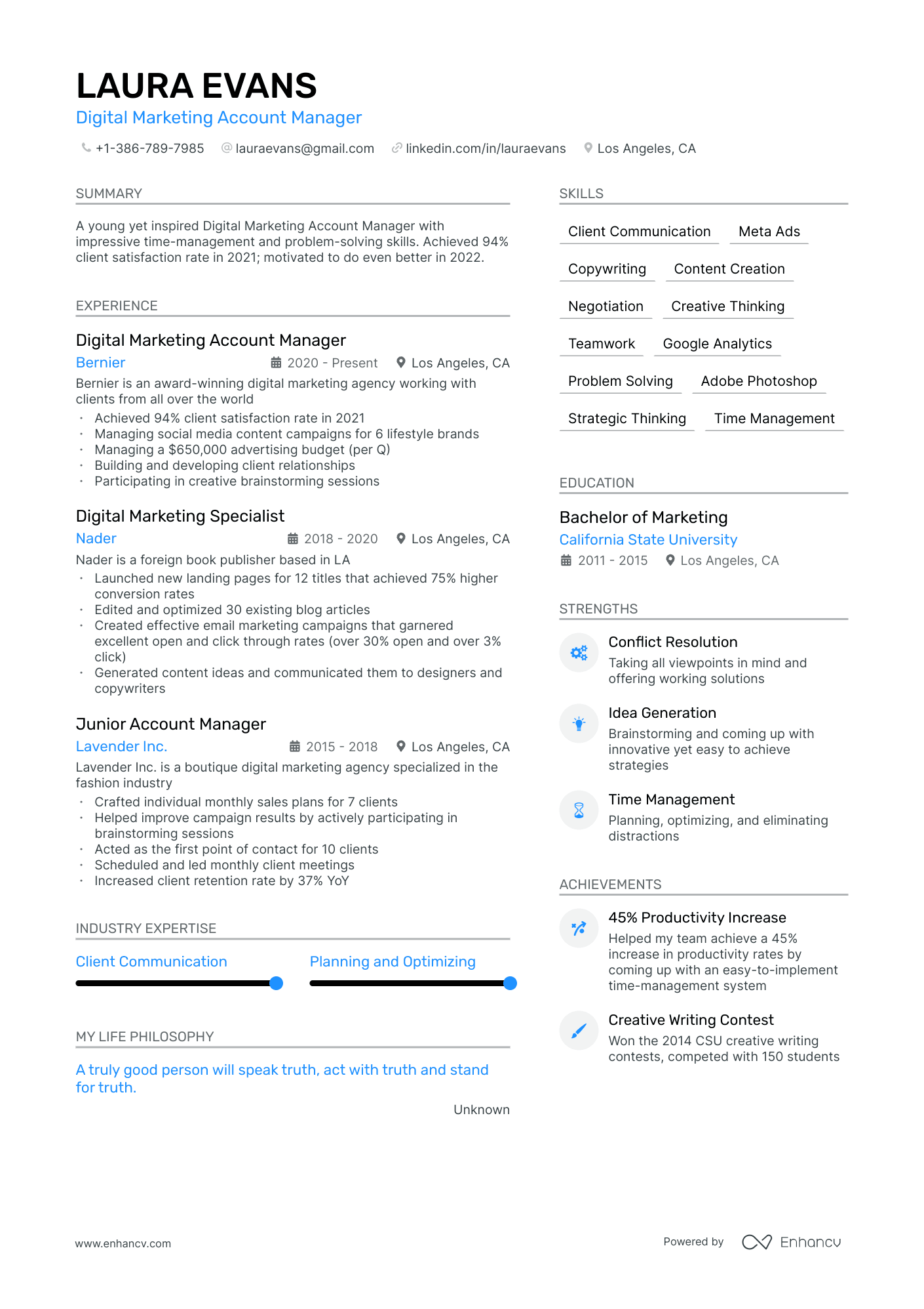Digital Marketing Account Manager Resume Example