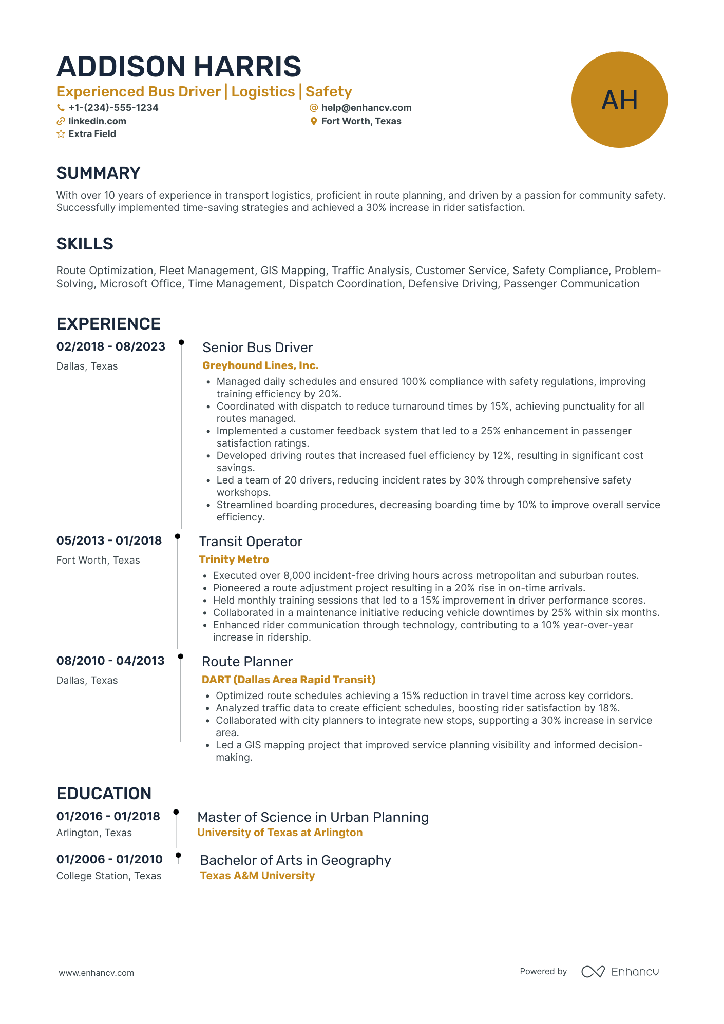 Part Time Bus Driver Resume Example