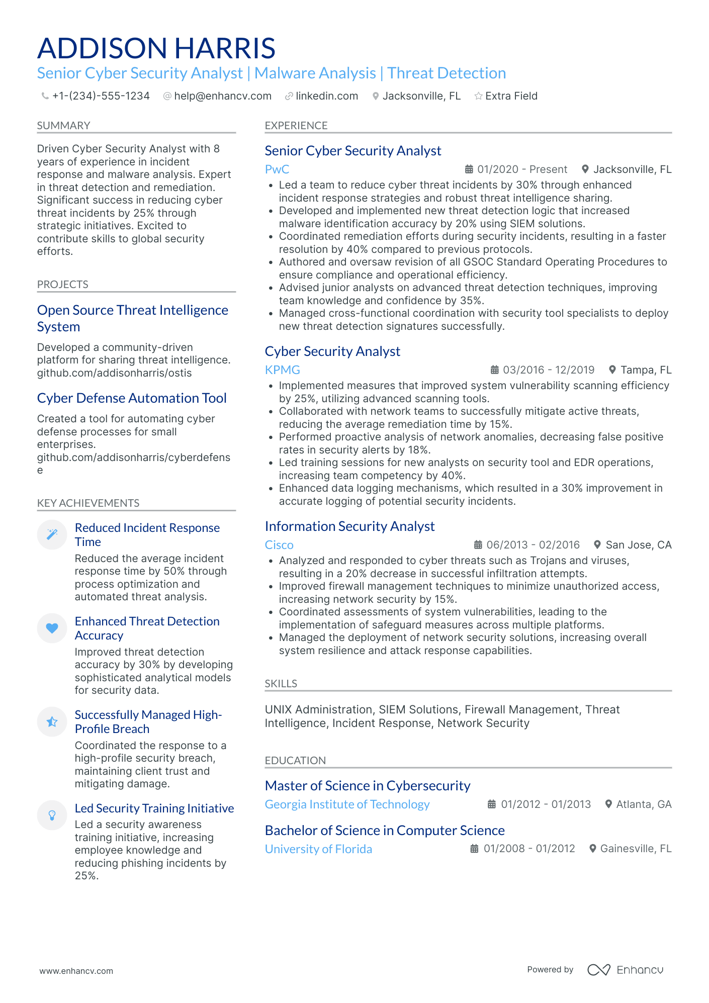 Senior Cyber Security Analyst Resume Example