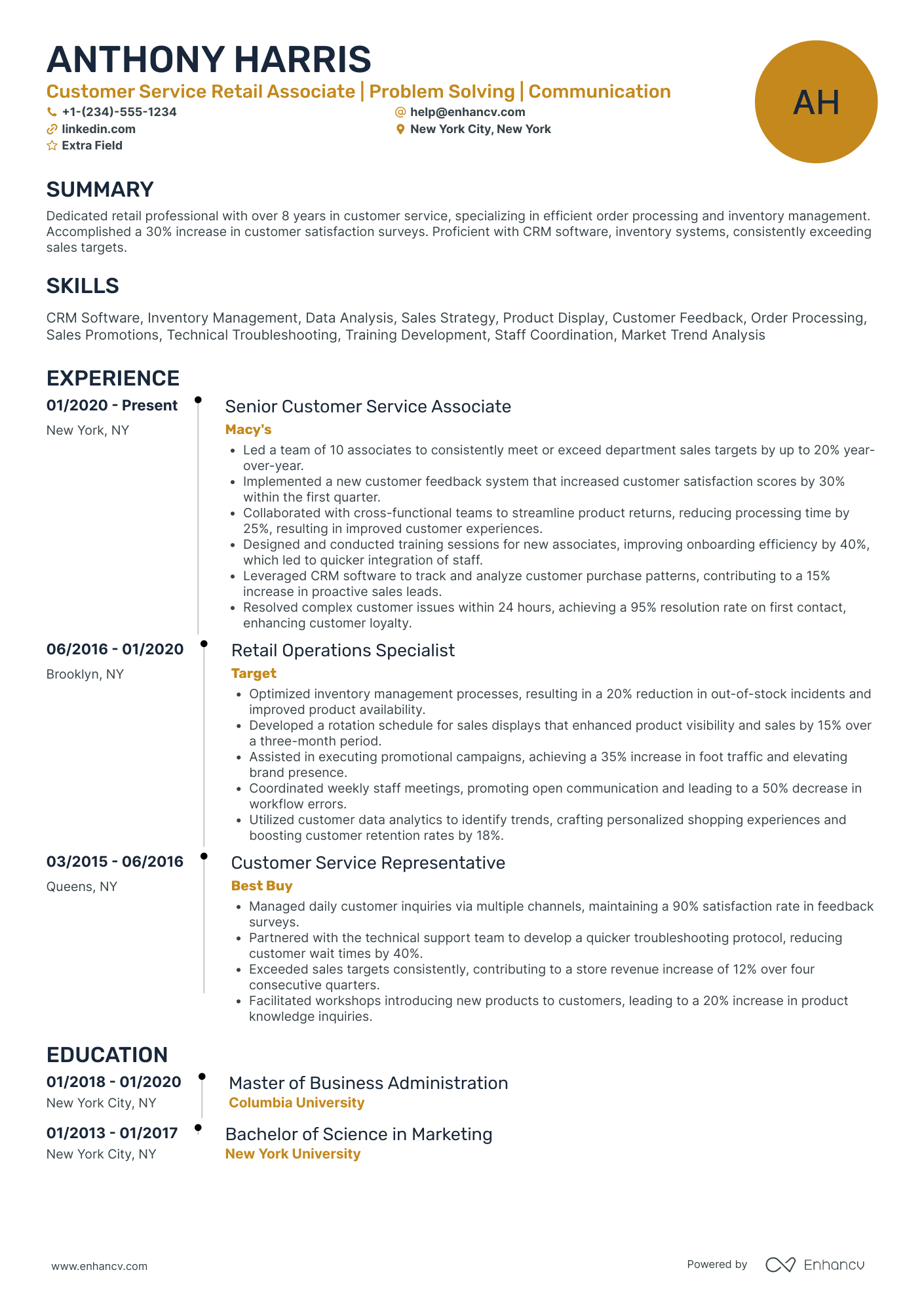 Customer Service Retail Associate Resume Example