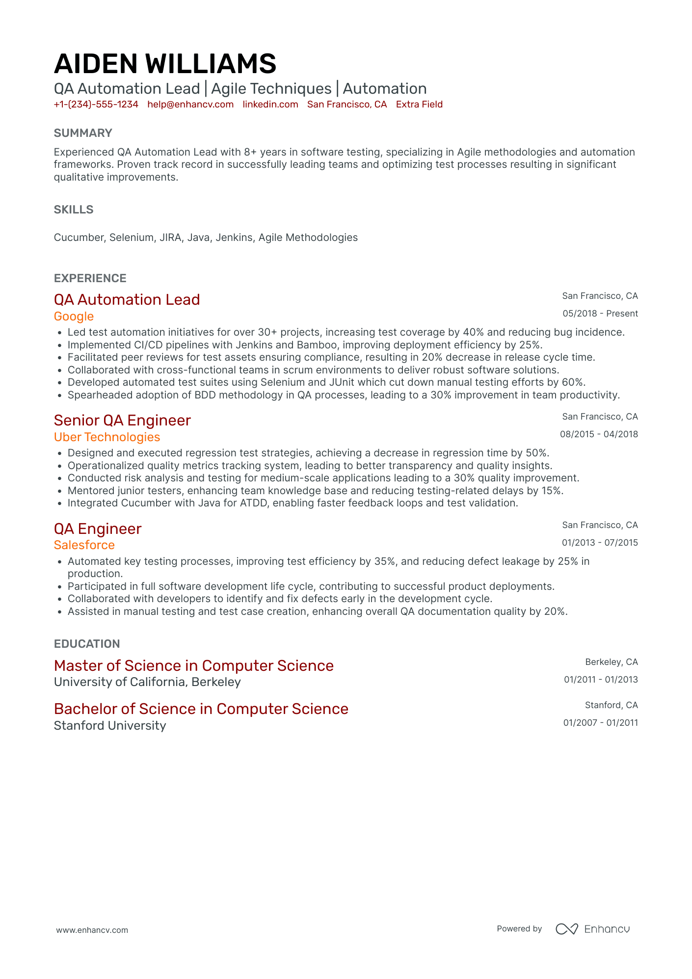 QA Performance Analyst Resume Example