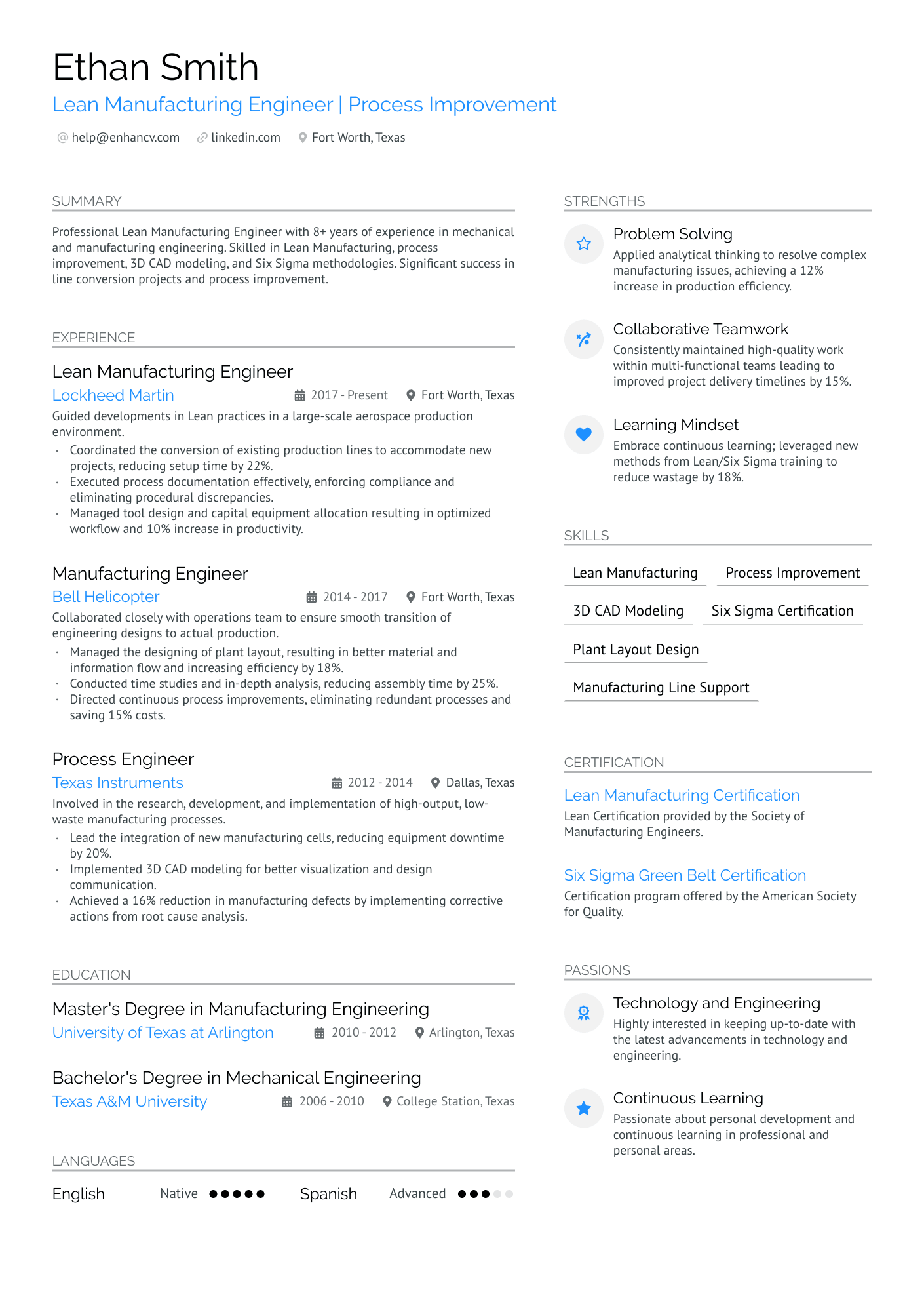 Lean Manufacturing Engineer Resume Example