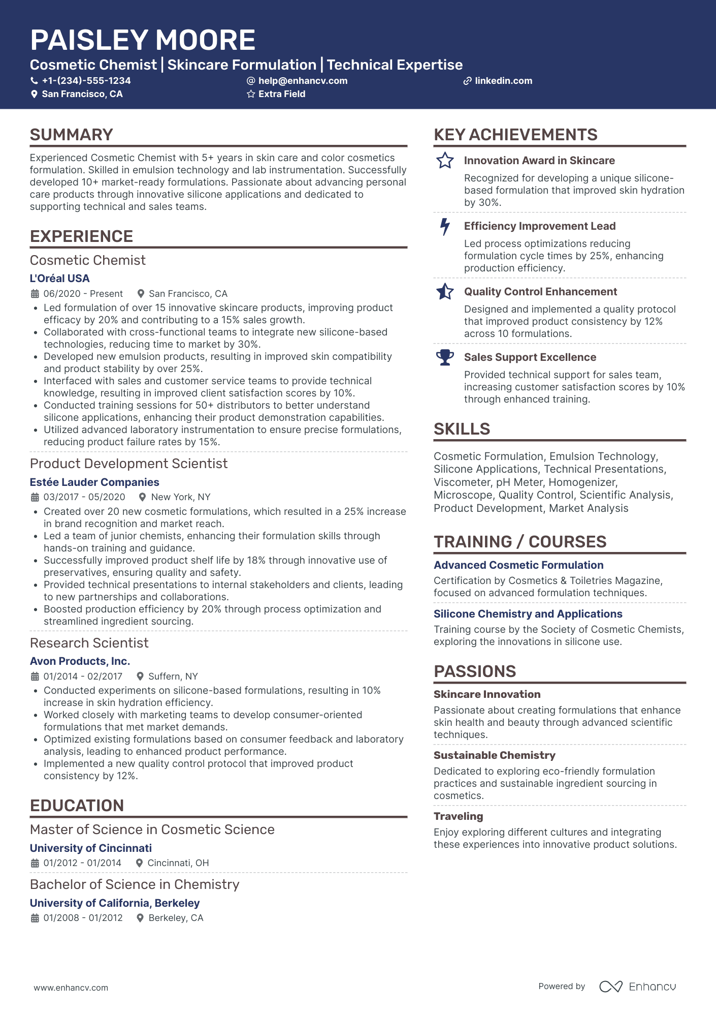 Cosmetic Chemist Resume Example