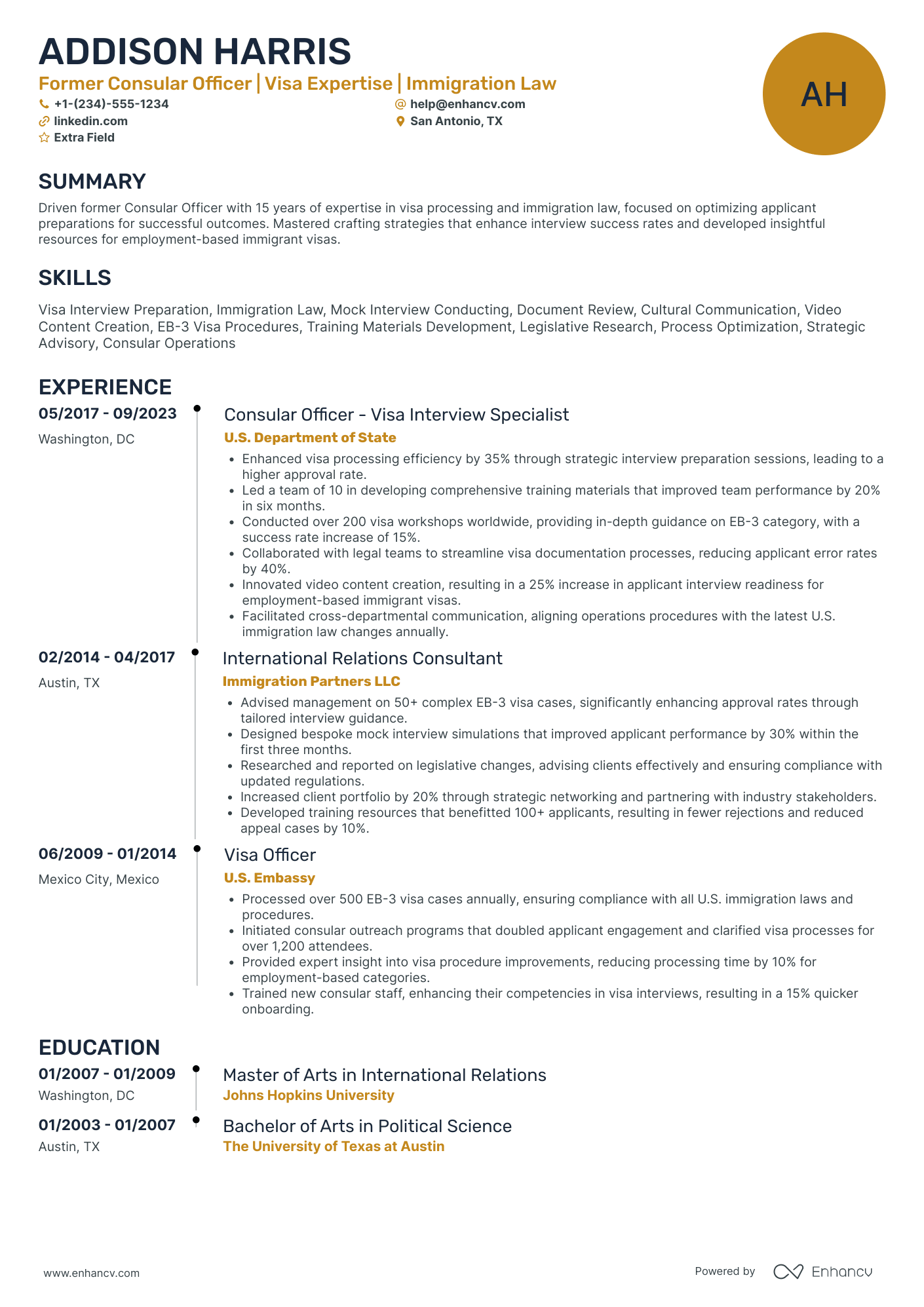 US Embassy Consular Officer Resume Example