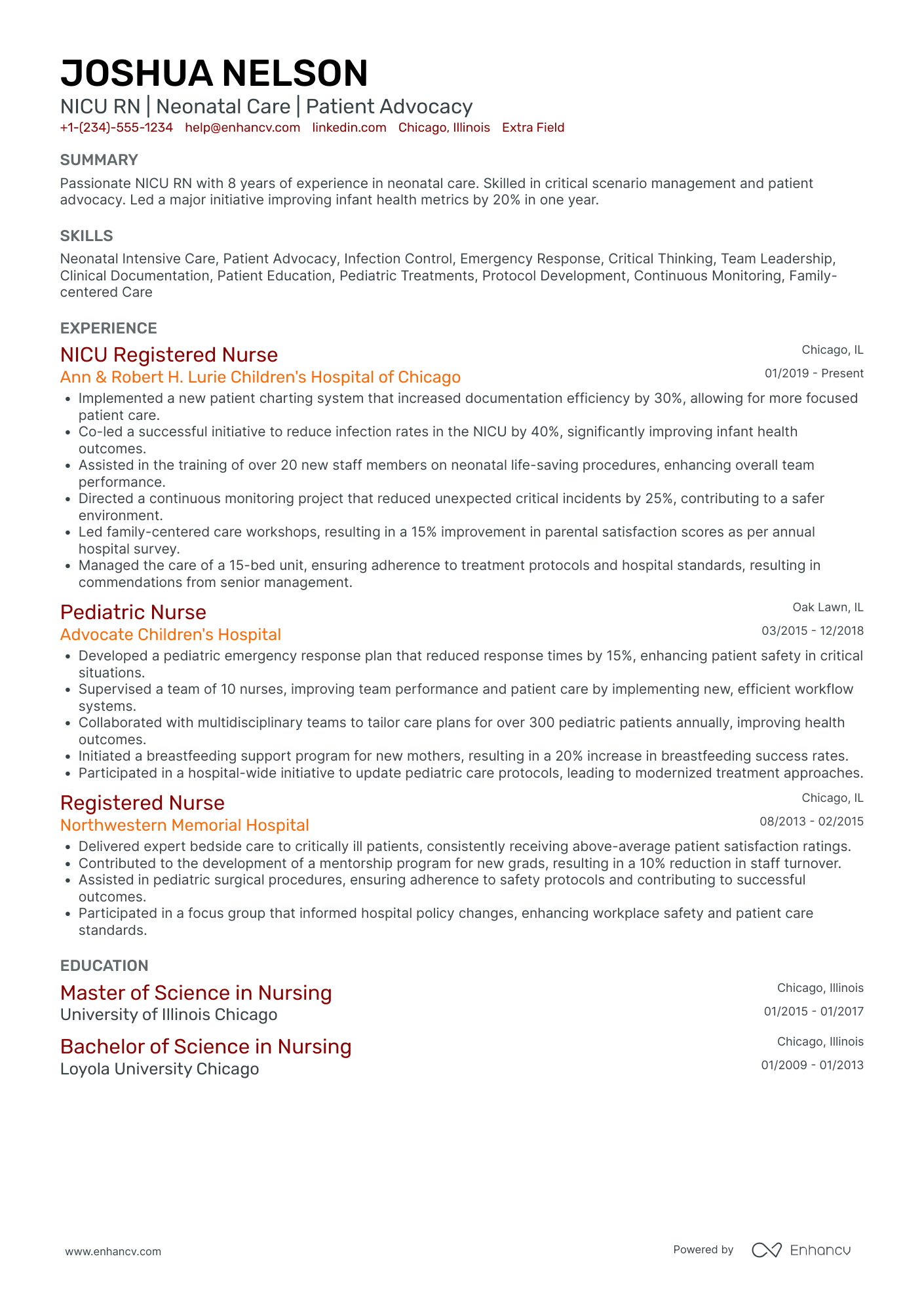 NICU Registered Nurse (RN) Resume Example