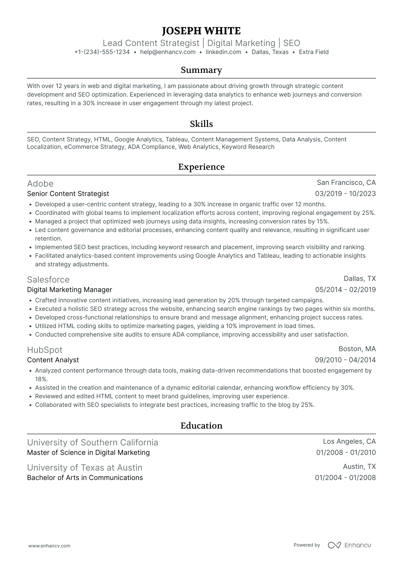 Lead Content Strategist Resume Example