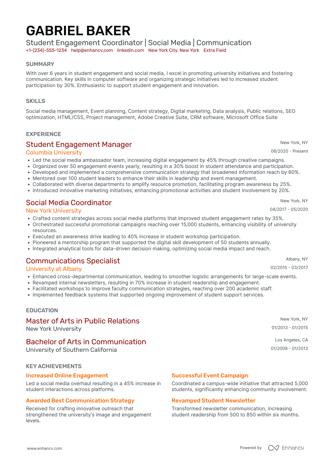 College Student Affairs Coordinator Resume Example