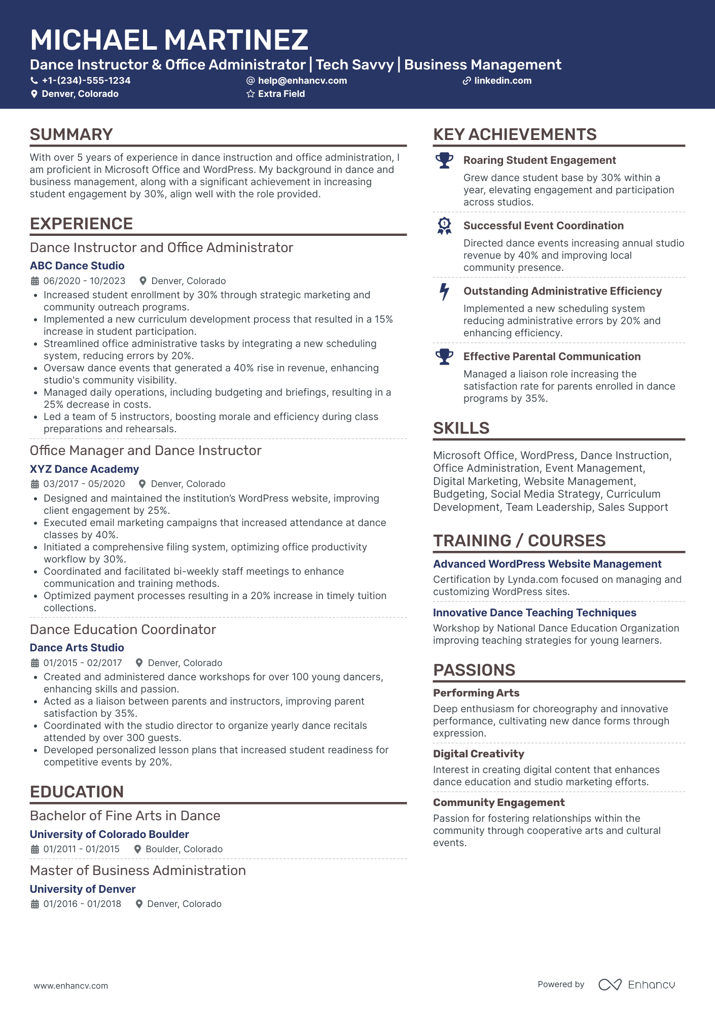 Entry Level Dance Instructor Resume Example