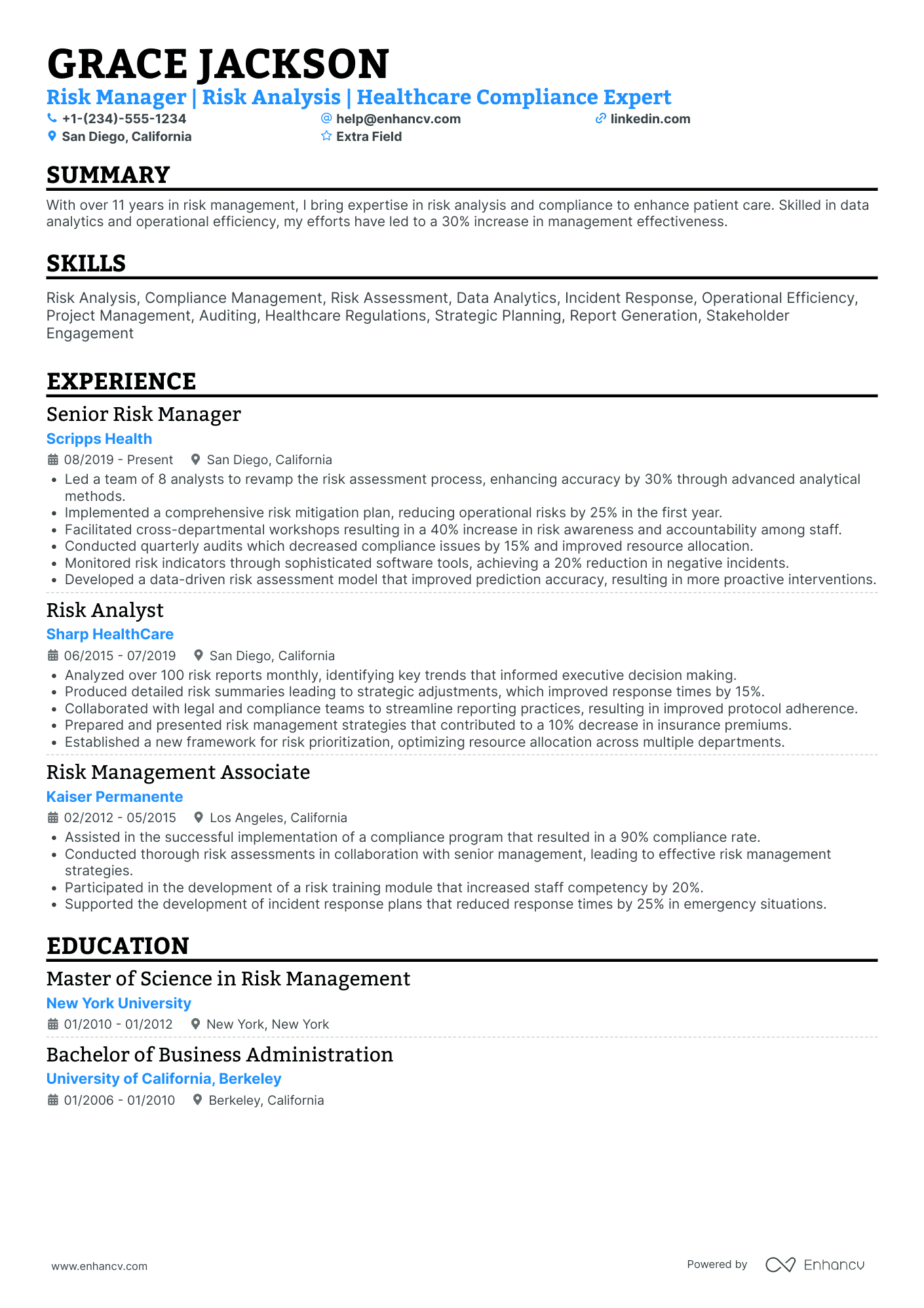 MBA Risk Manager Resume Example