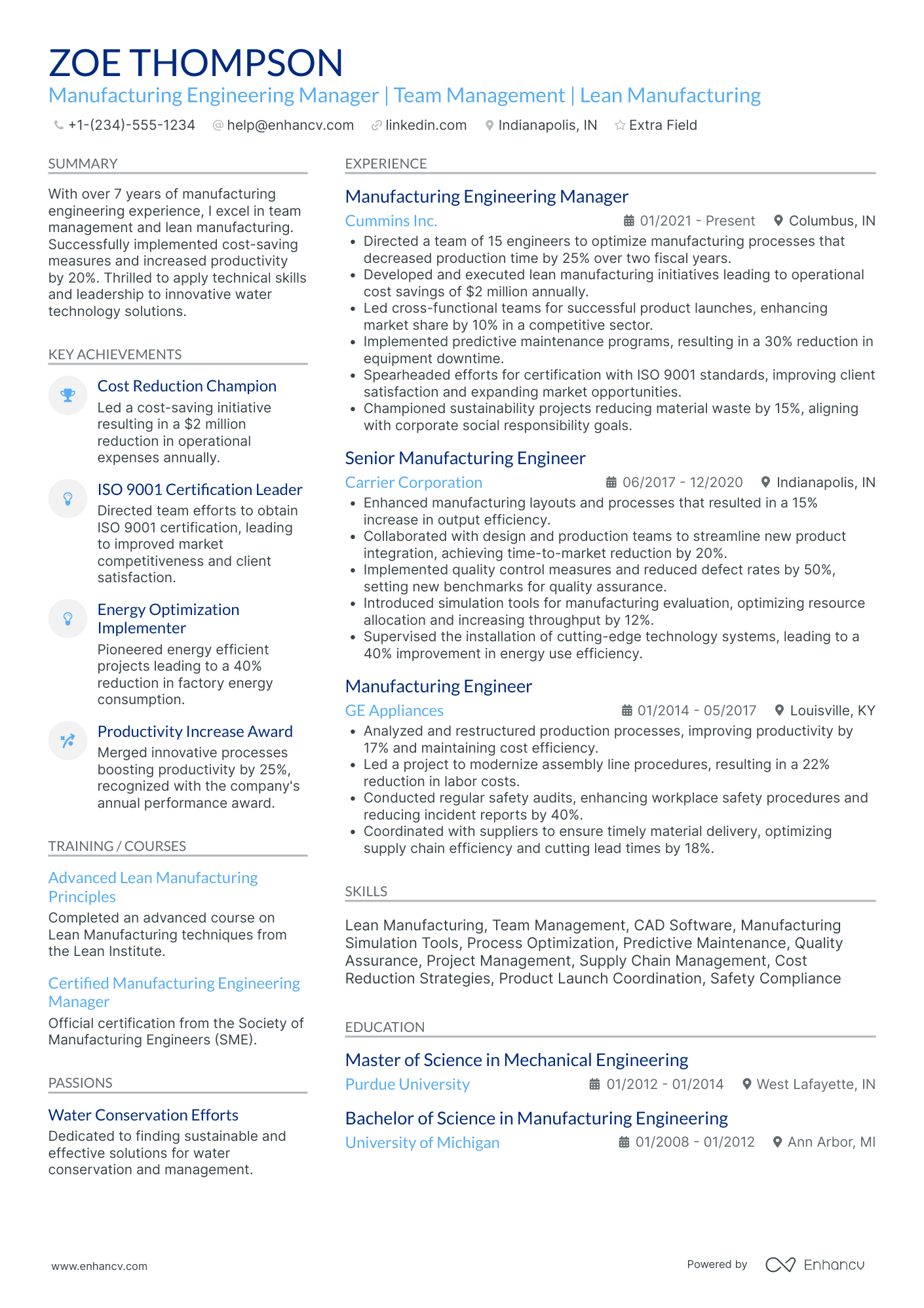 Manufacturing Engineering Manager Resume Example