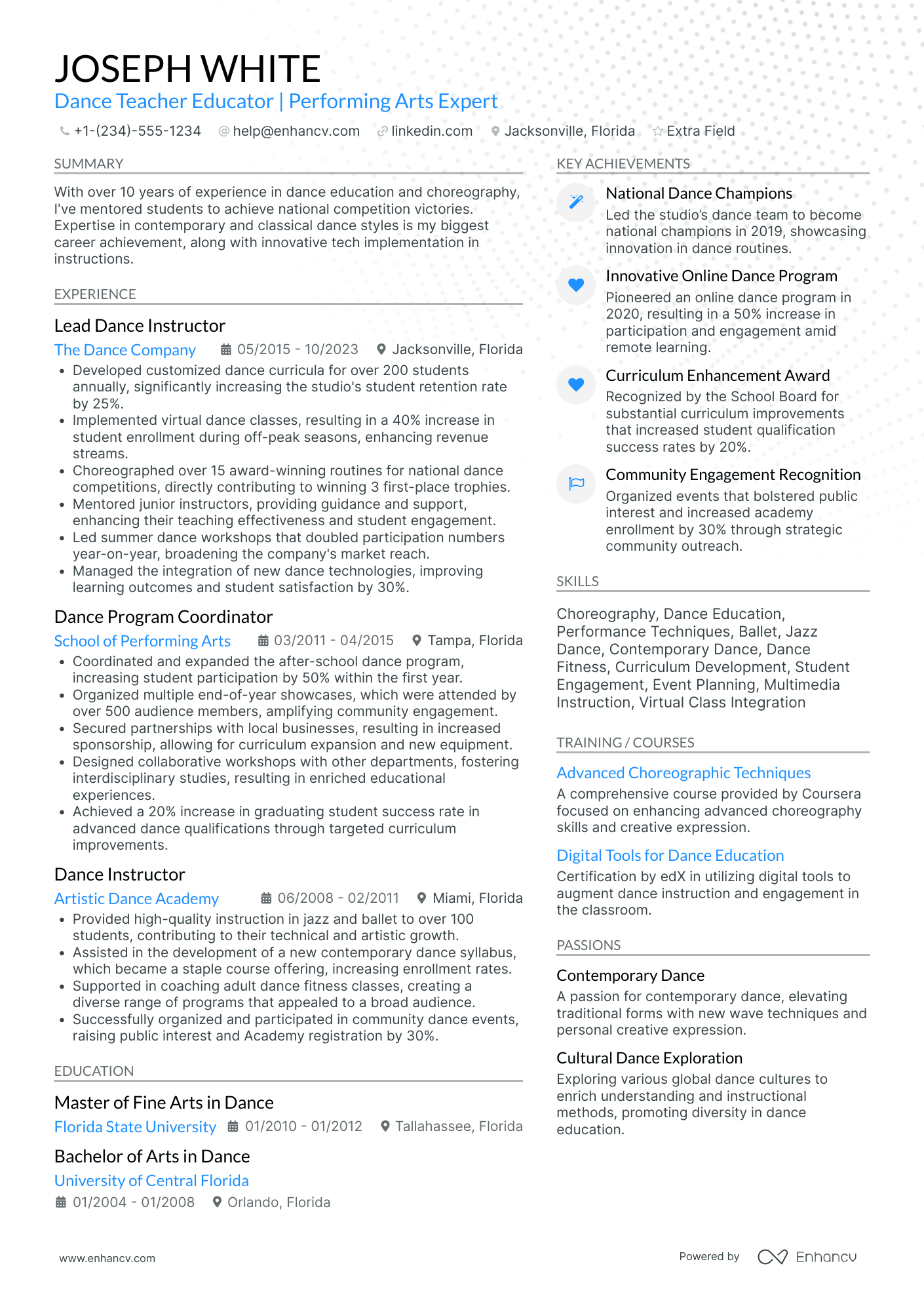 Dance Teacher Educator Resume Example