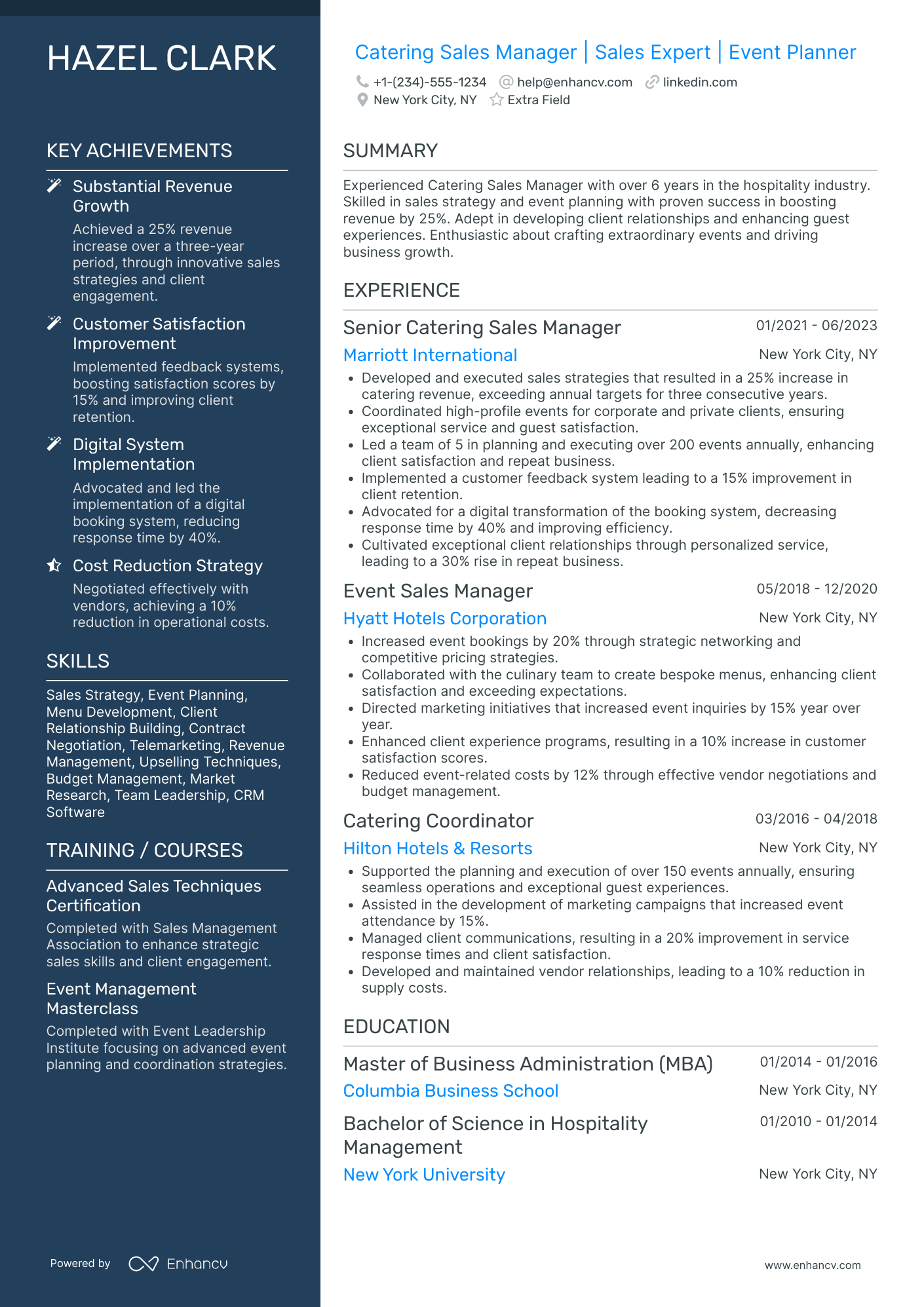 Catering Business Development Manager Resume Example