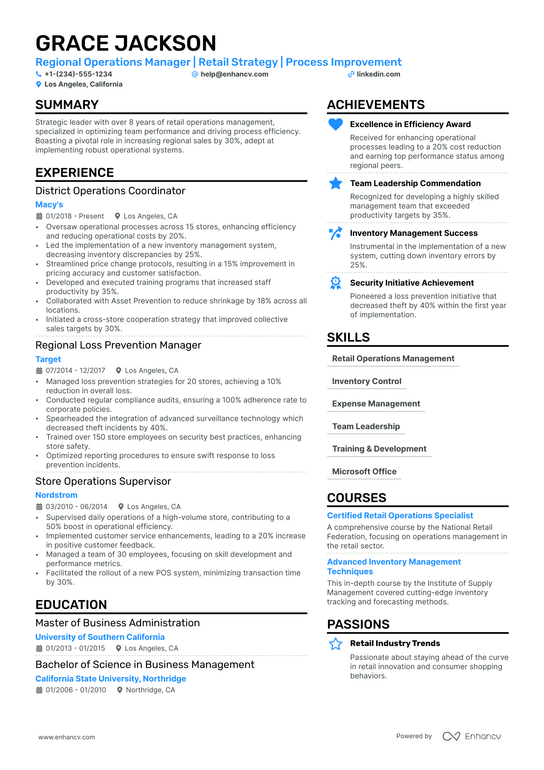 Regional Operations Manager Resume Example